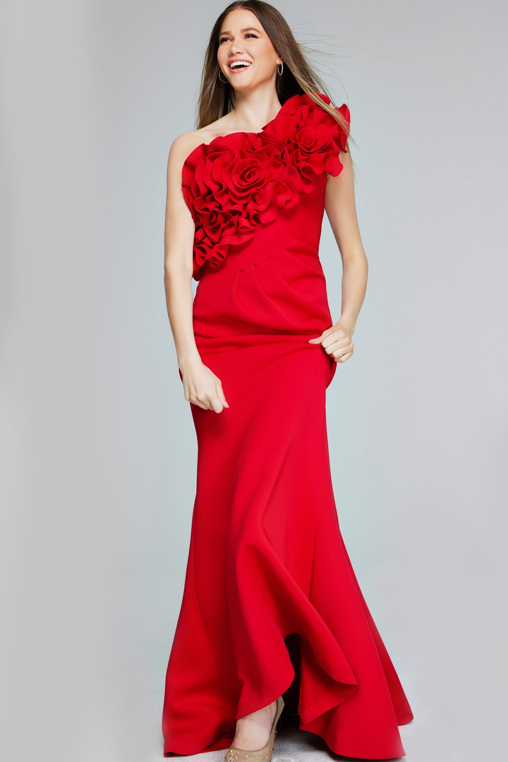 Jovani -39751 Enchanting One-Shoulder Red Gown with 3D Floral Appliqué Evening Dress