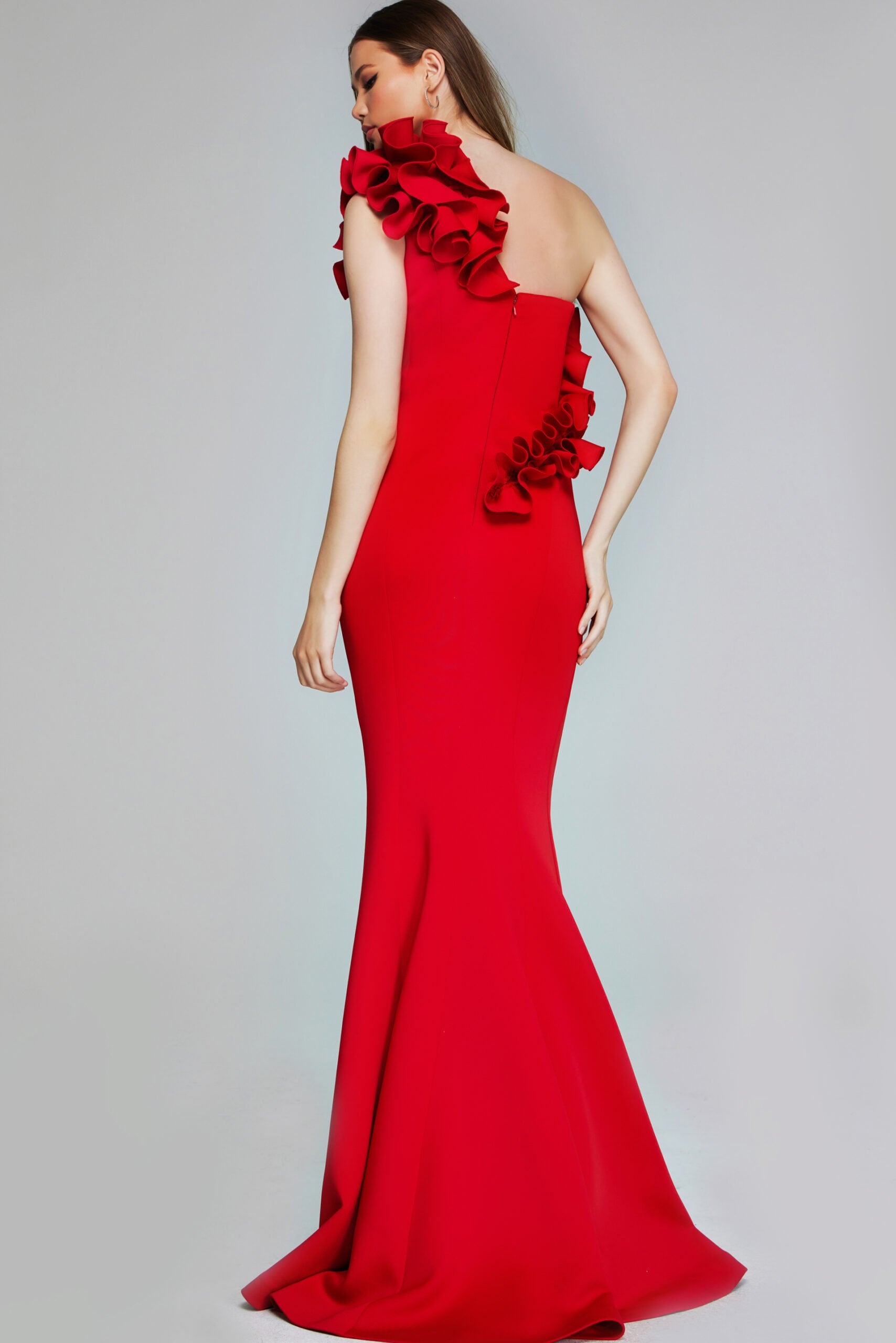 Jovani -39751 Enchanting One-Shoulder Red Gown with 3D Floral Appliqué Evening Dress