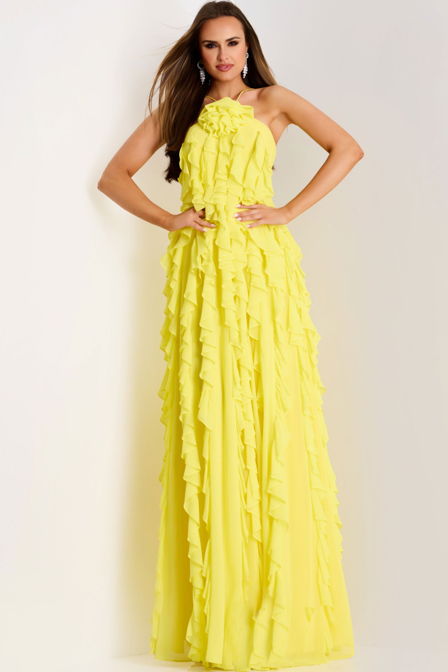 Jovani -39823 Halter Chiffon Ruffle Evening Gown