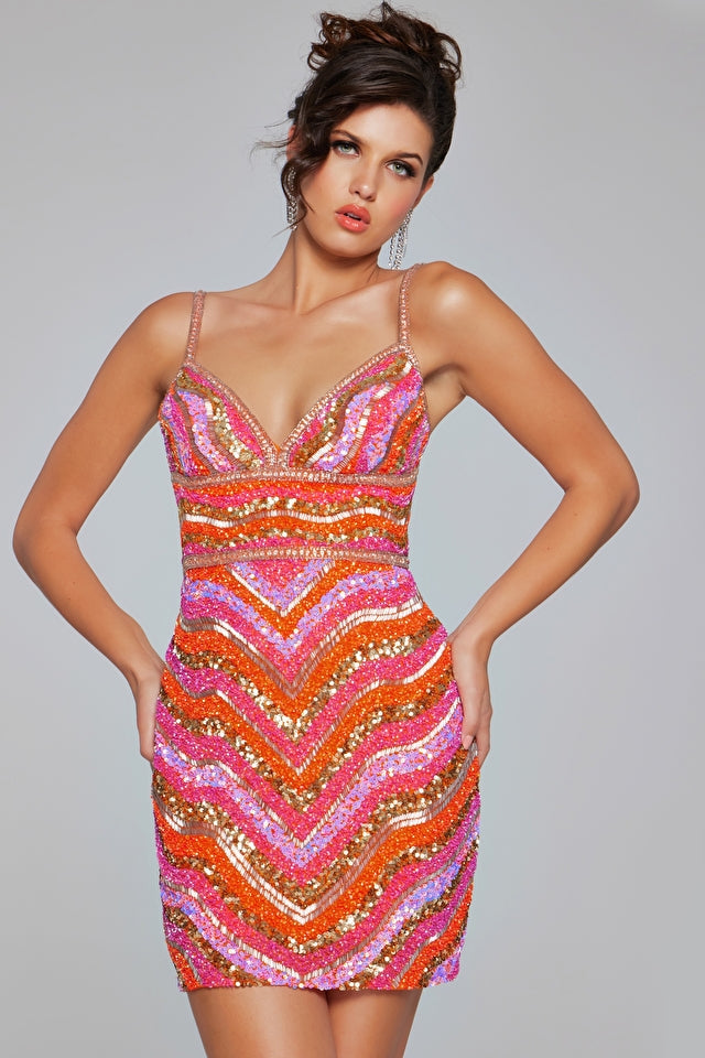 Jovani -39903 V-Neck Beaded Short Cocktail Dress