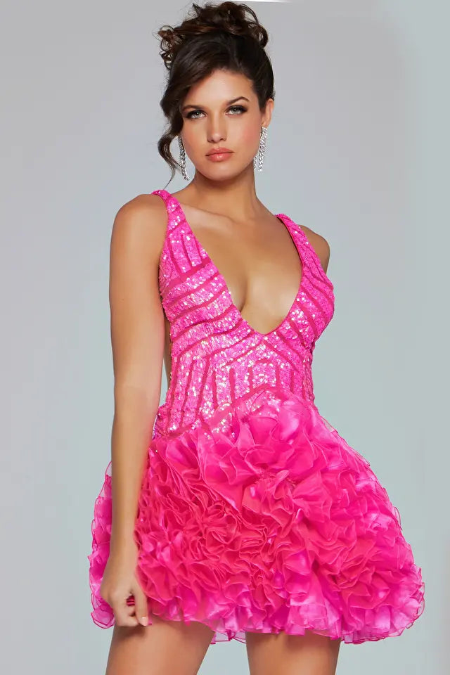 Jovani -39931 V-Neck Embellished Ruffled Short Dress