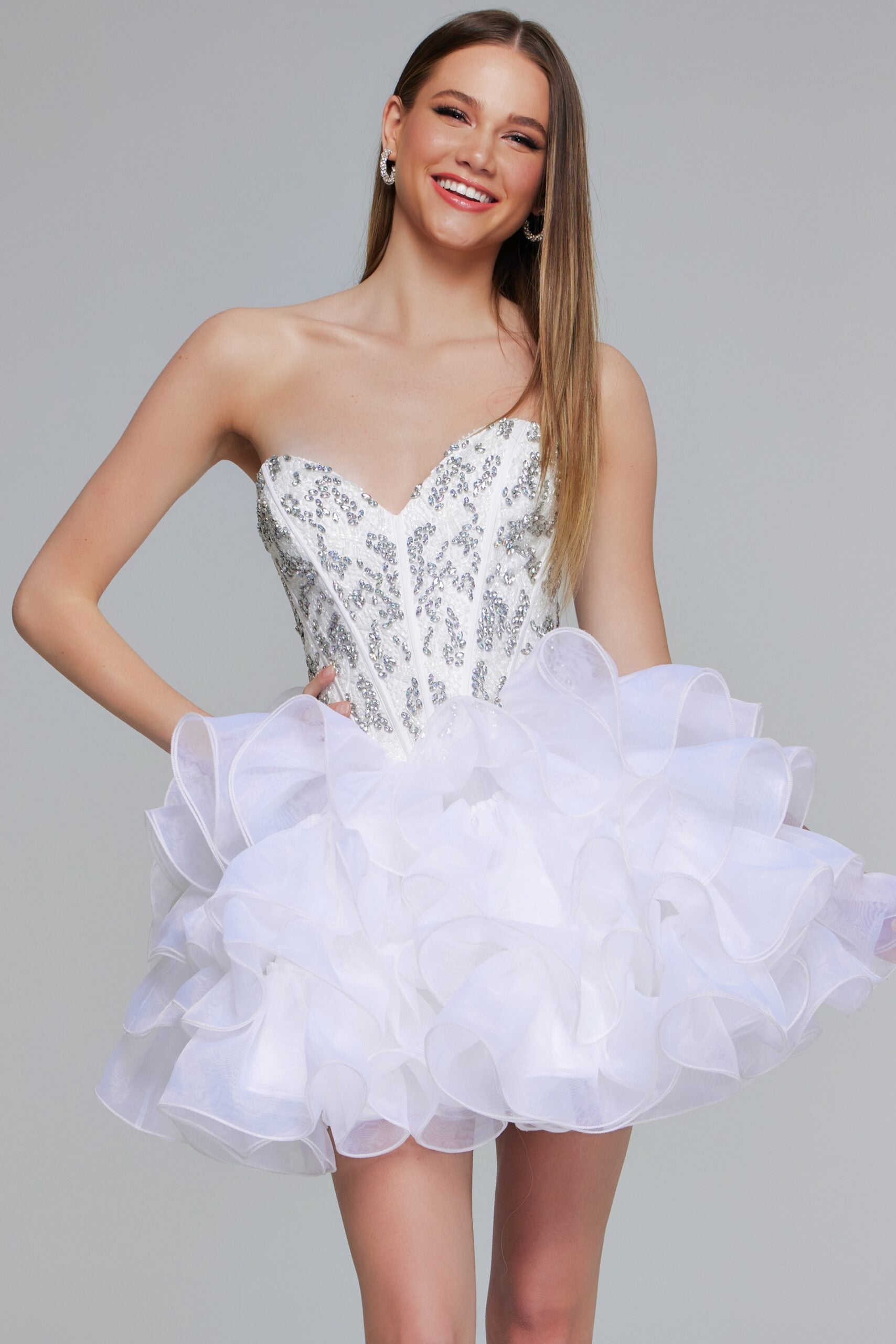 Jovani -39932 Strapless Sweetheart Sequin Mini with Ruffled Organza Skirt Evening Dresses