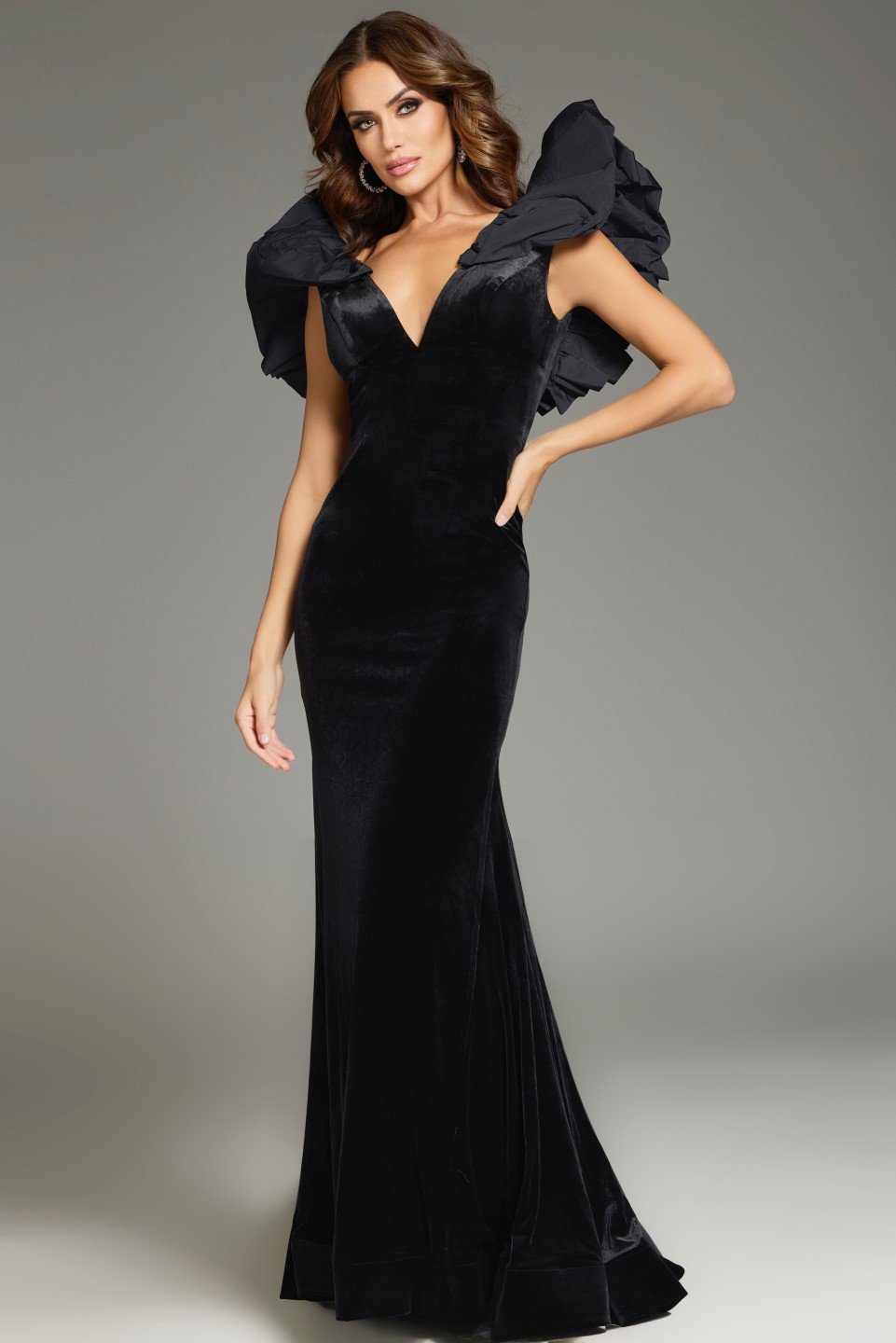 Jovani -39973 Evening Velvet Gown with Dramatic Ruffled Shoulders