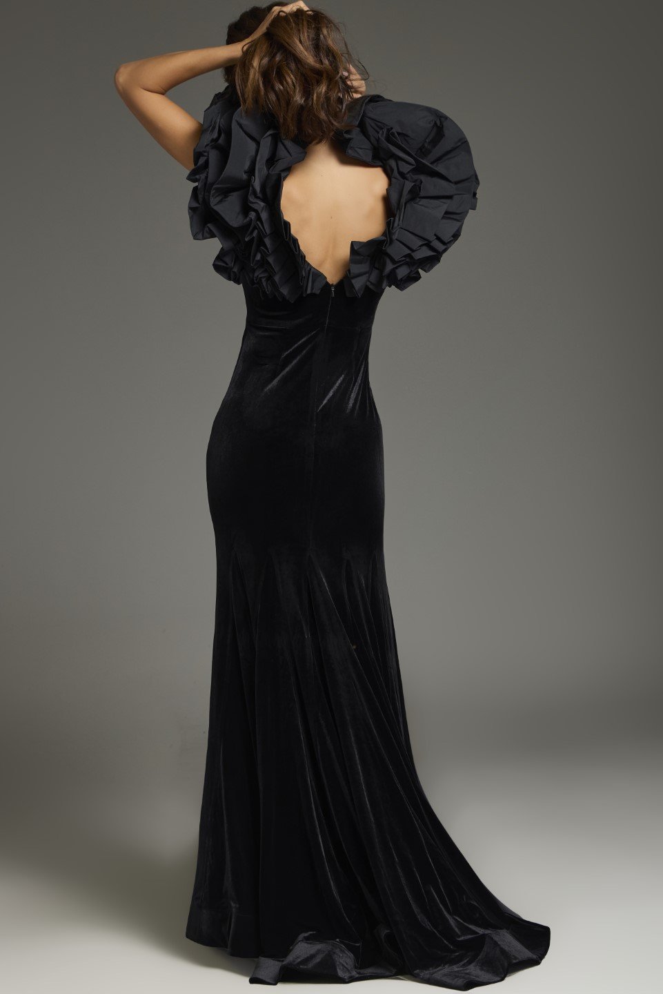 Jovani -39973 Evening Velvet Gown with Dramatic Ruffled Shoulders