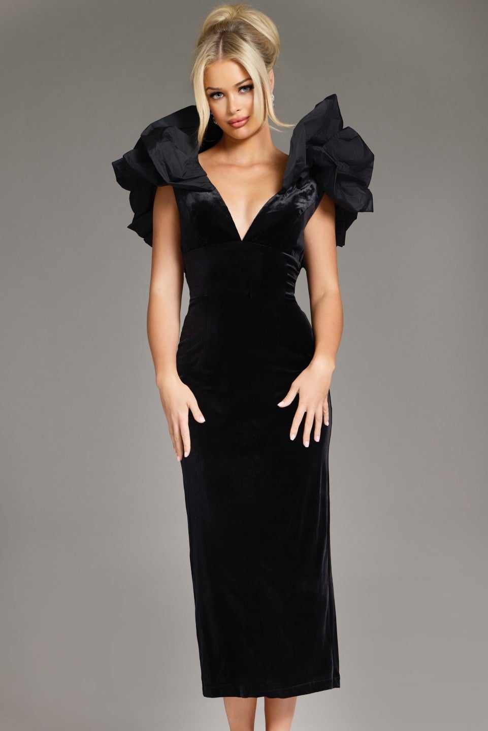 Jovani -39978B Elegant Dramatic Ruffled Shoulders Velvet Dress