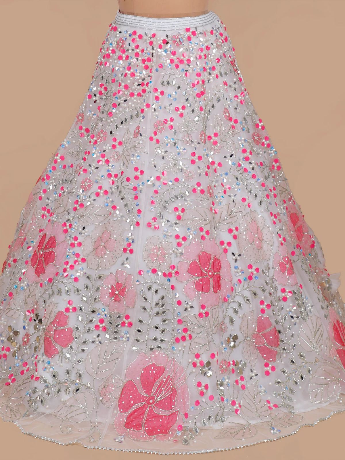 MyFashion KLS-2678 Soft White Net Lehenga with Pearl Mirror & Aplique Craft