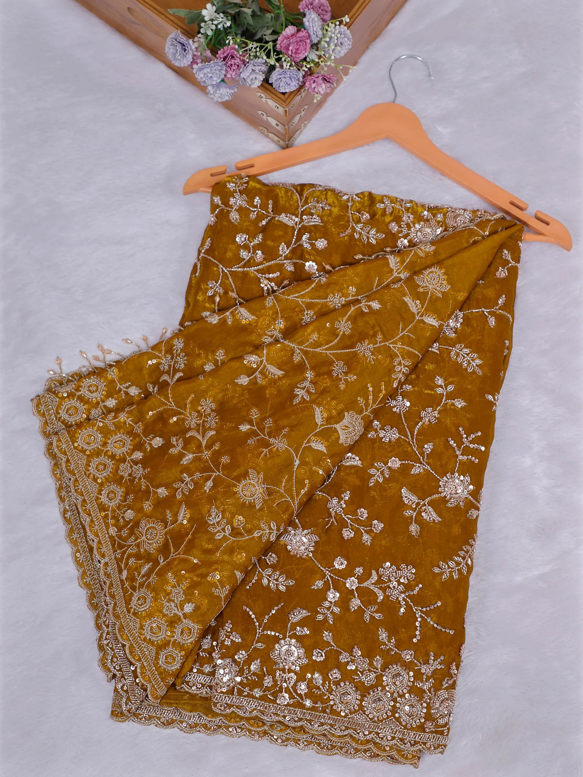 MyFashion KLS-2684 Sunset Alloy Mustard Bronze Tissue Saree With Beaded Finish