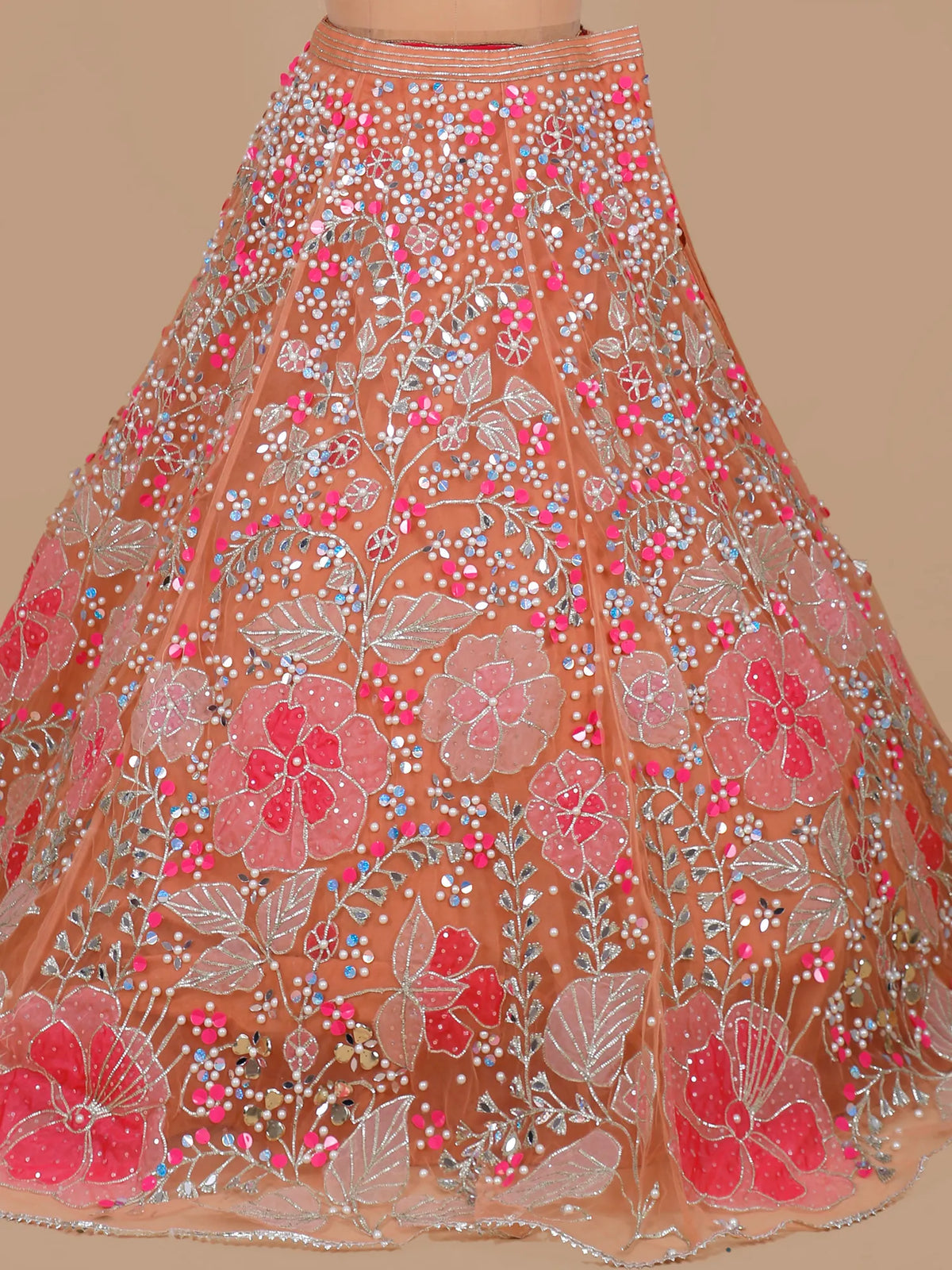 MyFashion KLS-2676 Zehra Peach Veil Thread Sequin Mirror Net Lehenga