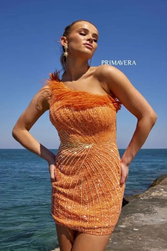 Primavera Couture -4002 One Shoulder Fringes Sequin Cocktail Dress