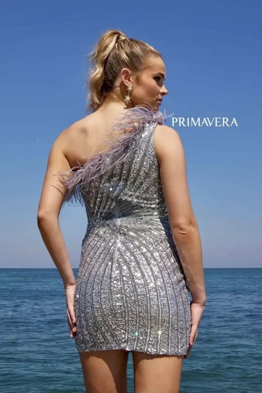 Primavera Couture -4002 One Shoulder Fringes Sequin Cocktail Dress