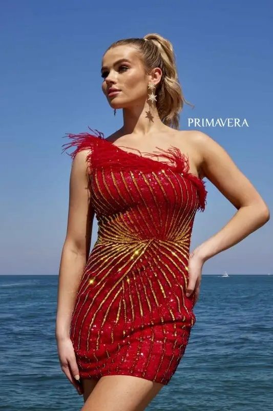 Primavera Couture -4002 One Shoulder Fringes Sequin Cocktail Dress