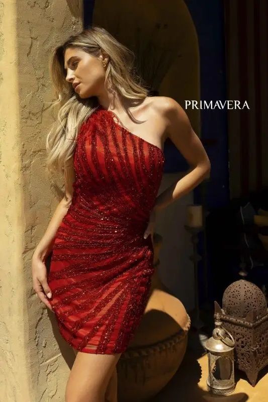 Primavera Couture -4004 One Shoulder Beaded Short Cocktail Dress