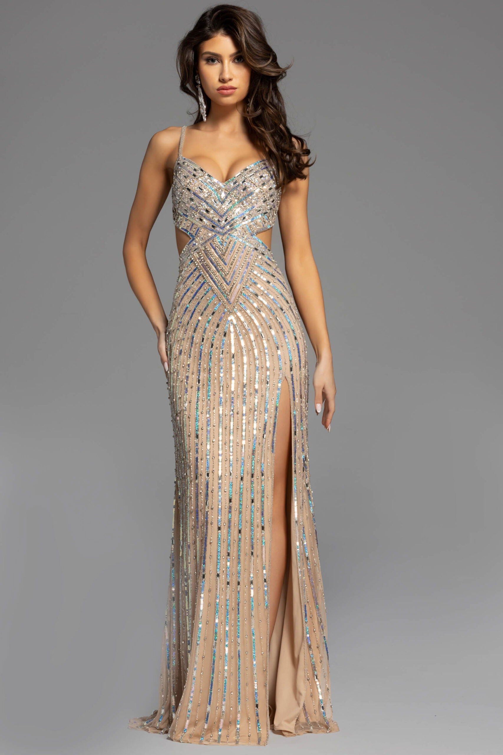 Jovani -40060 Sequined V Neck Sheath Prom Gown