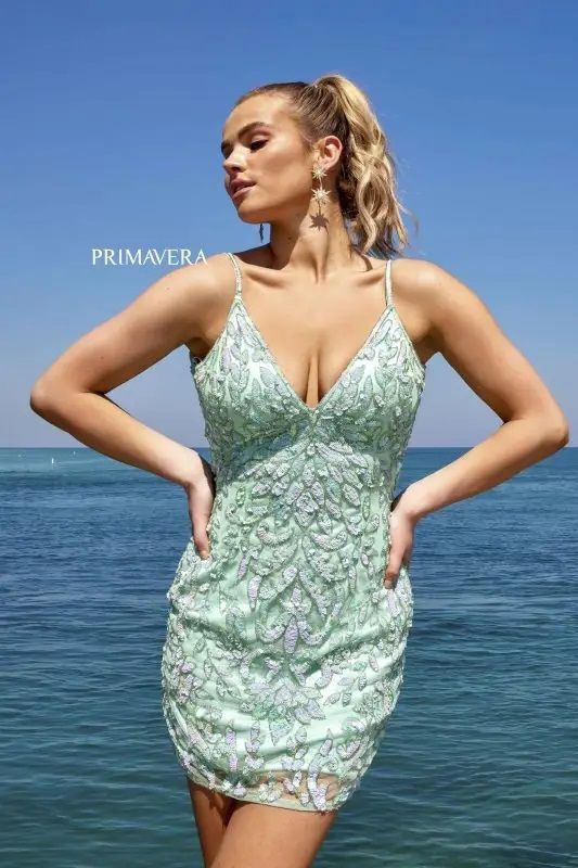 Primavera Couture -4013 V-Neck Sequin Cocktail Dress