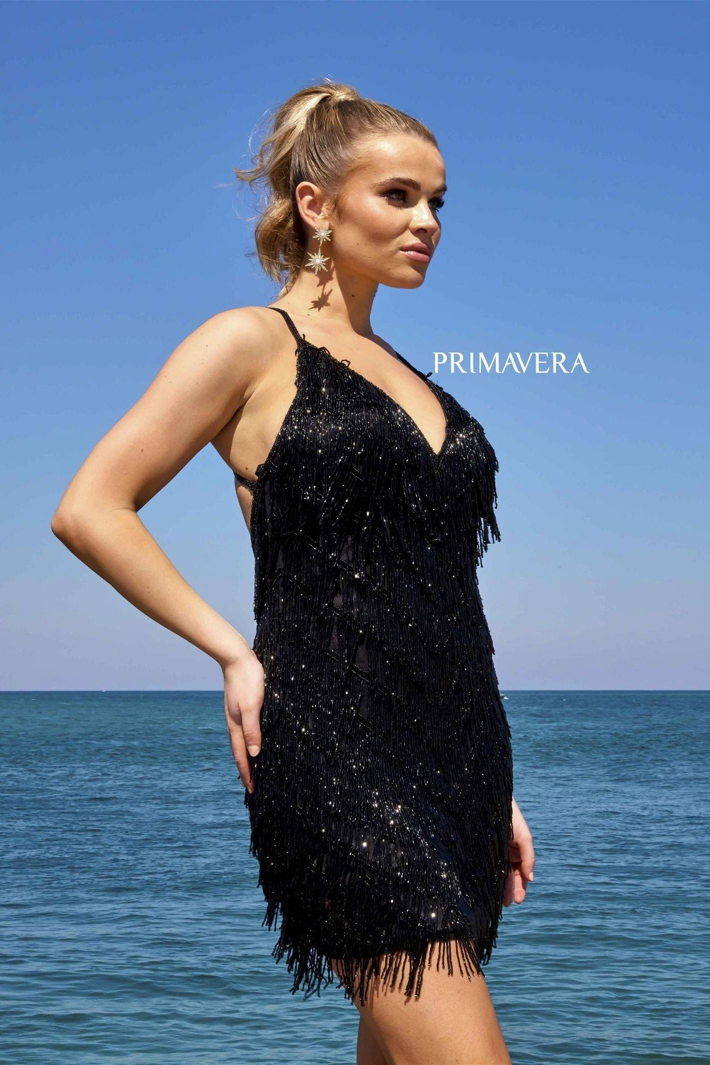 Primavera Couture -4019 V-Neck Fringed Sequin Sheath Dress