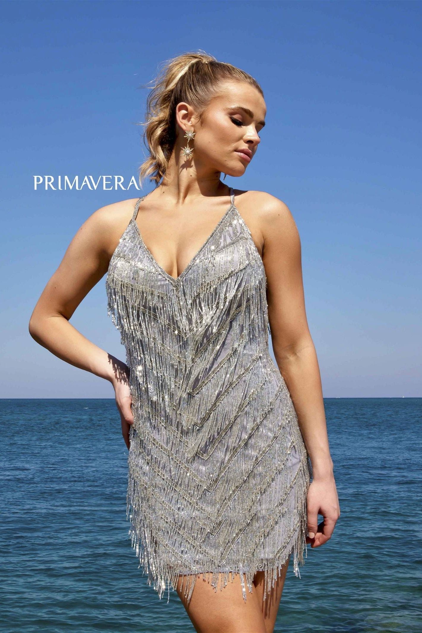 Primavera Couture -4019 V-Neck Fringed Sequin Sheath Dress