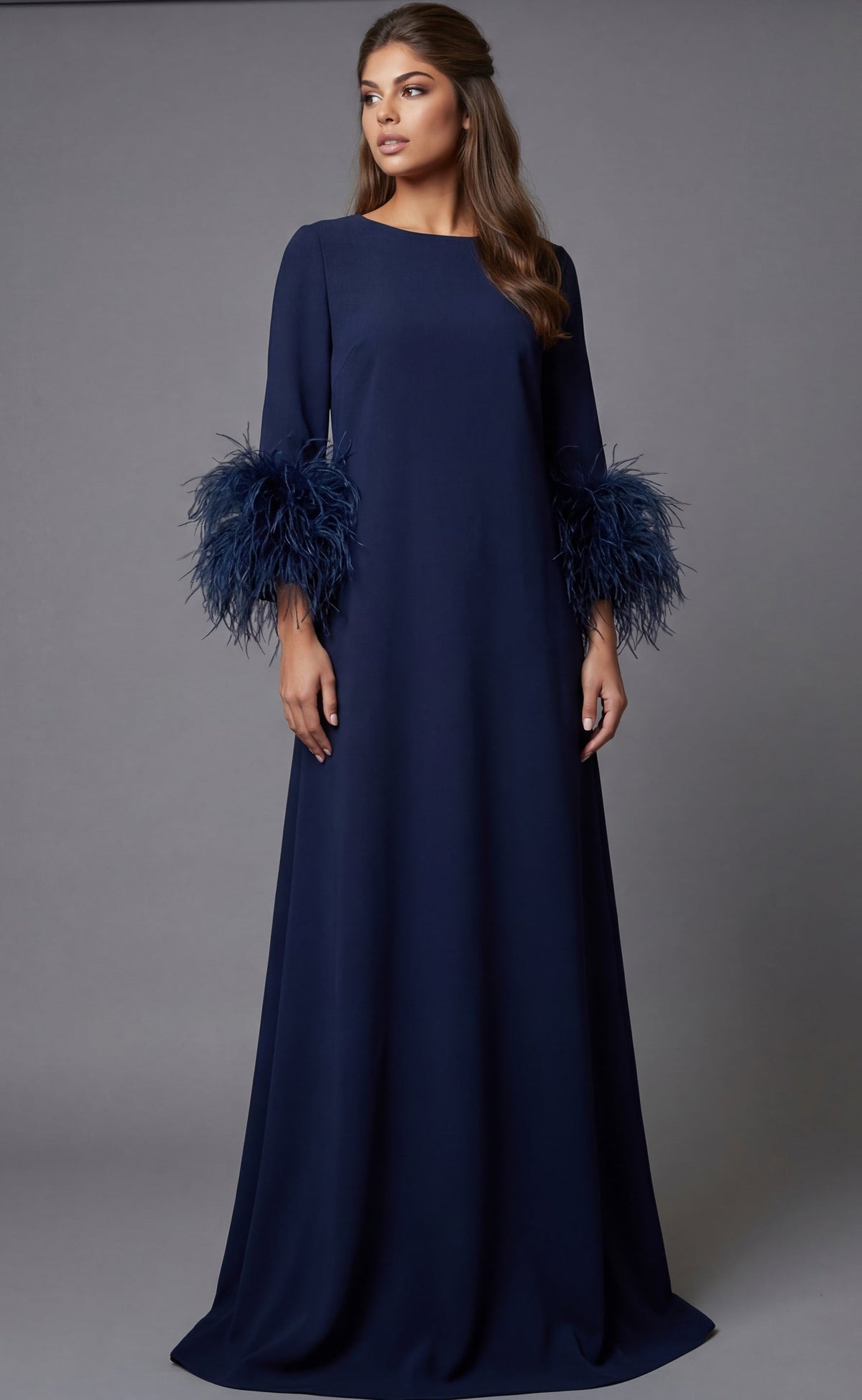 Jovani -40200 Long Sleeve Feather A-Line Evening Gown
