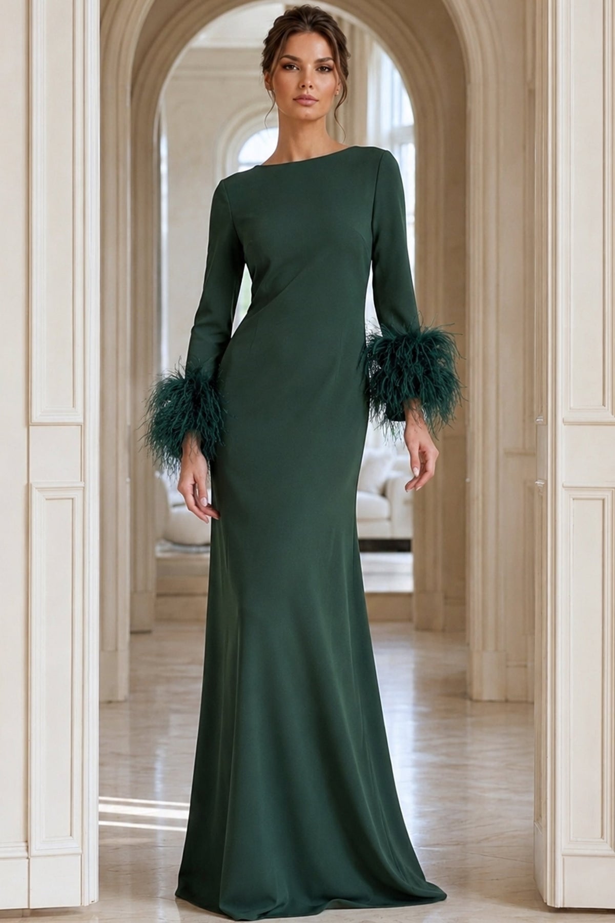 Jovani -40200 Long Sleeve Feather A-Line Evening Gown