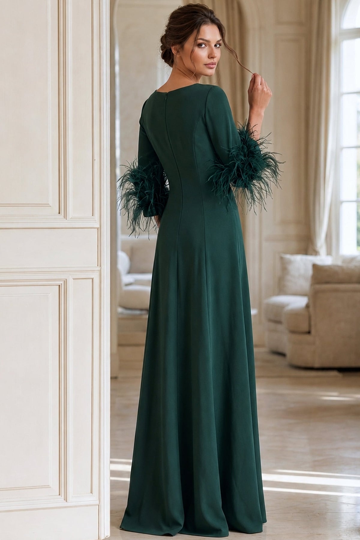 Jovani -40200 Long Sleeve Feather A-Line Evening Gown
