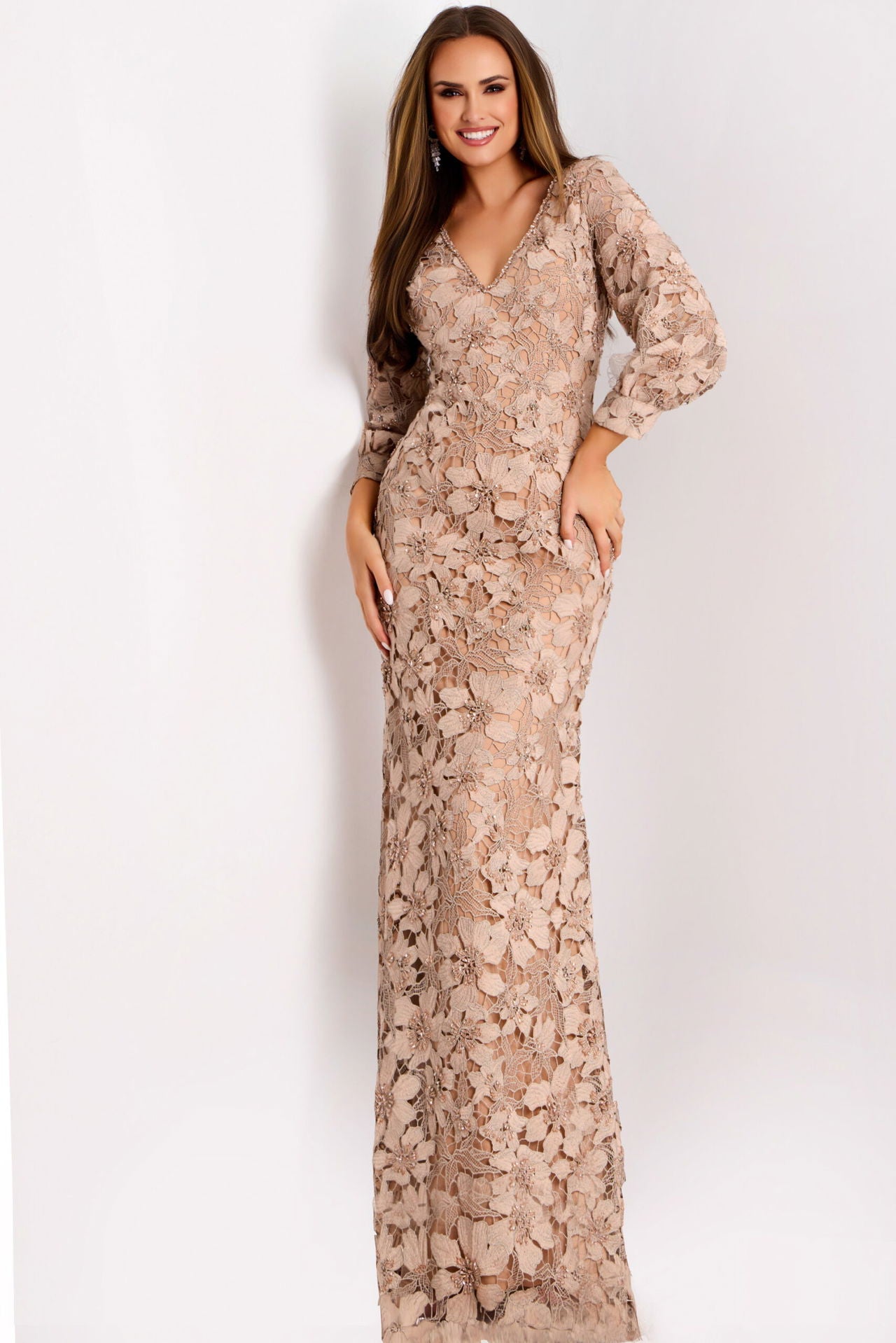 Jovani -40210 Elegant Floral Lace Long Sleeve Gown