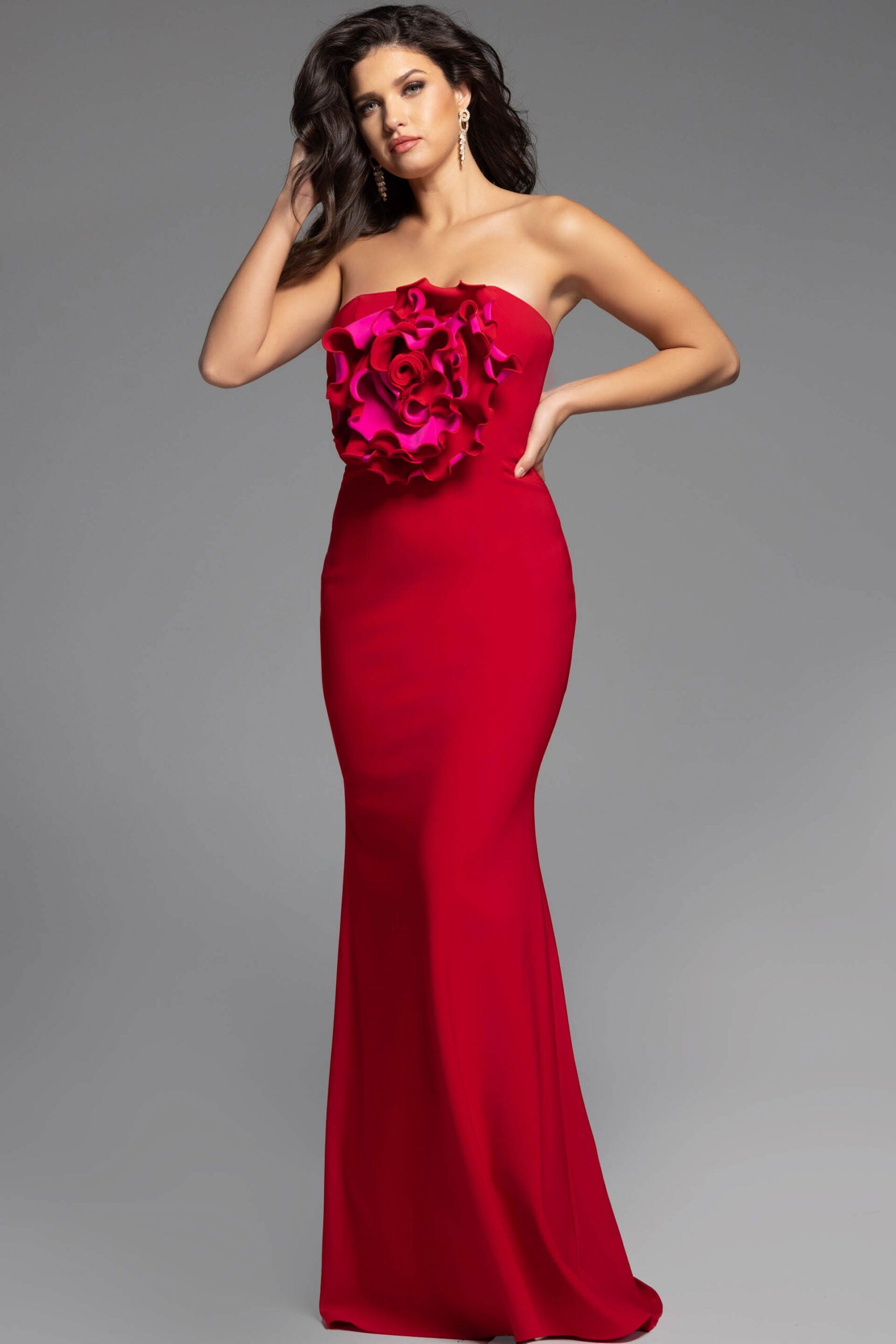 Jovani -40214 Floral Applique Strapless Sheath Dress