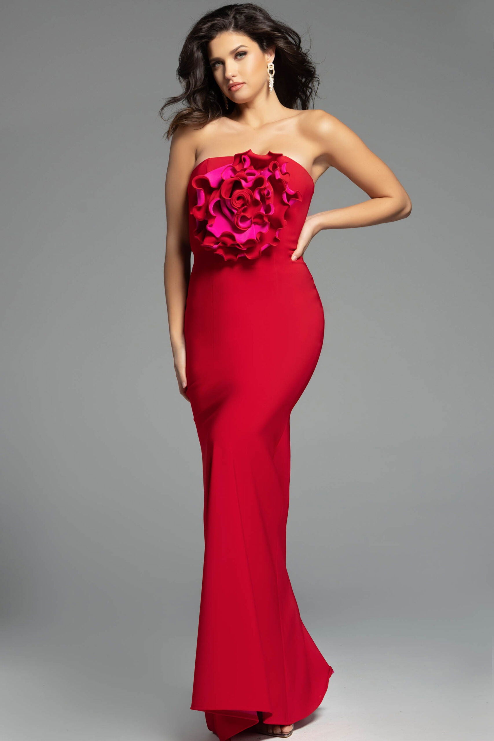 Jovani -40214 Floral Applique Strapless Sheath Dress