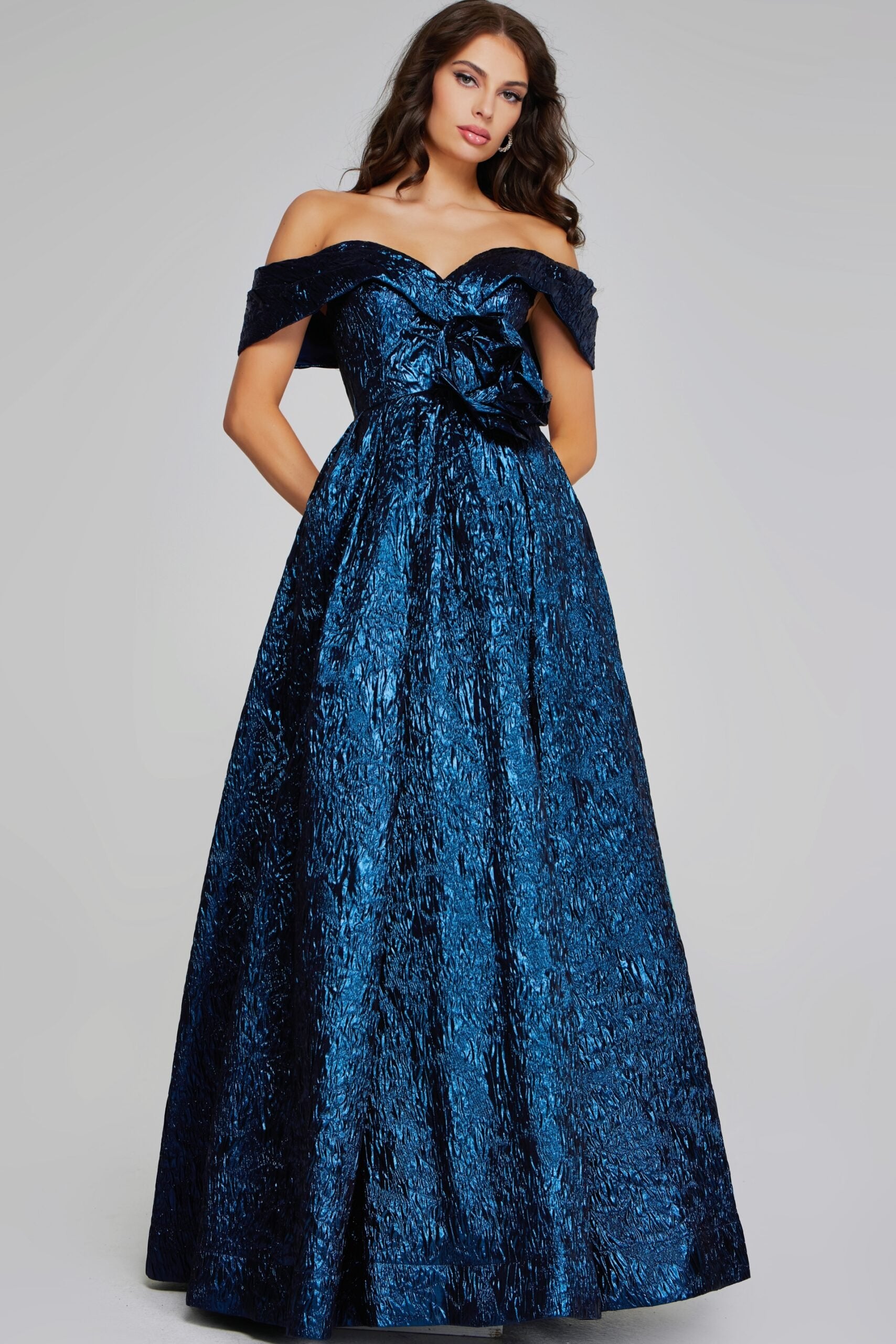 Jovani -40288 Elegant Off-the-Shoulder Navy Gown with Floral Detail Evening Gown