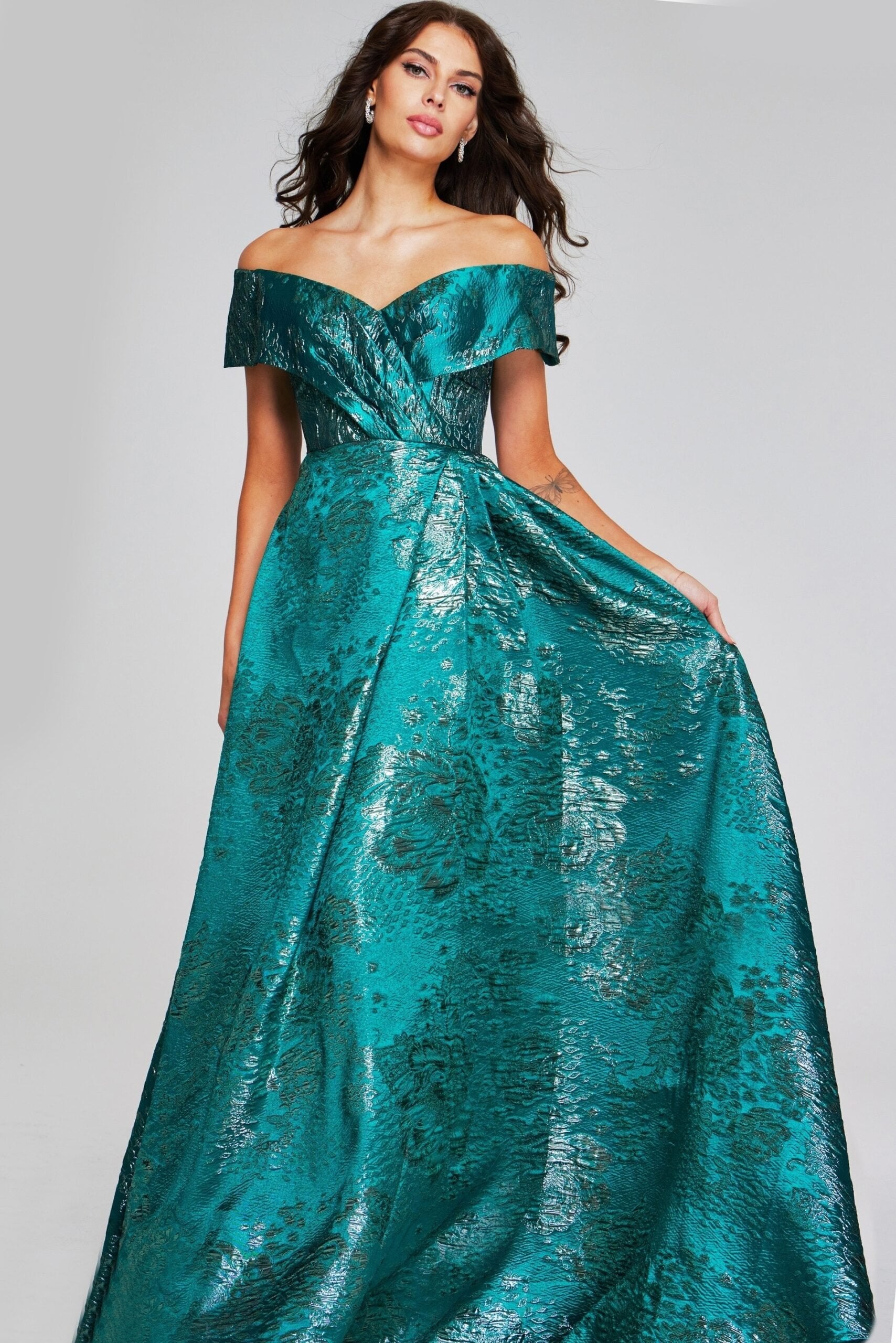 Jovani -40296 Green Off-Shoulder Evening Gown with Textured Fabric