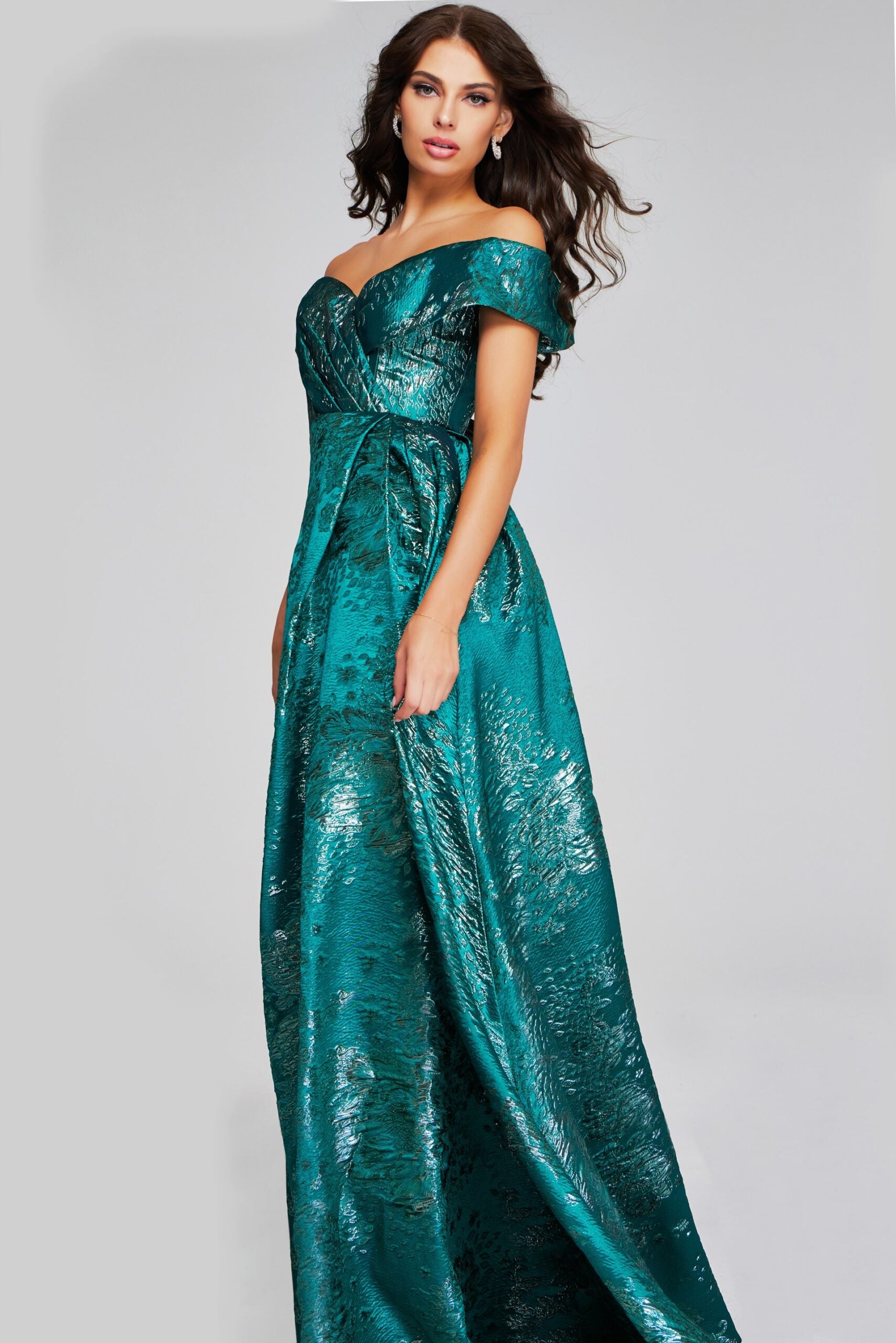 Jovani -40296 Green Off-Shoulder Evening Gown with Textured Fabric