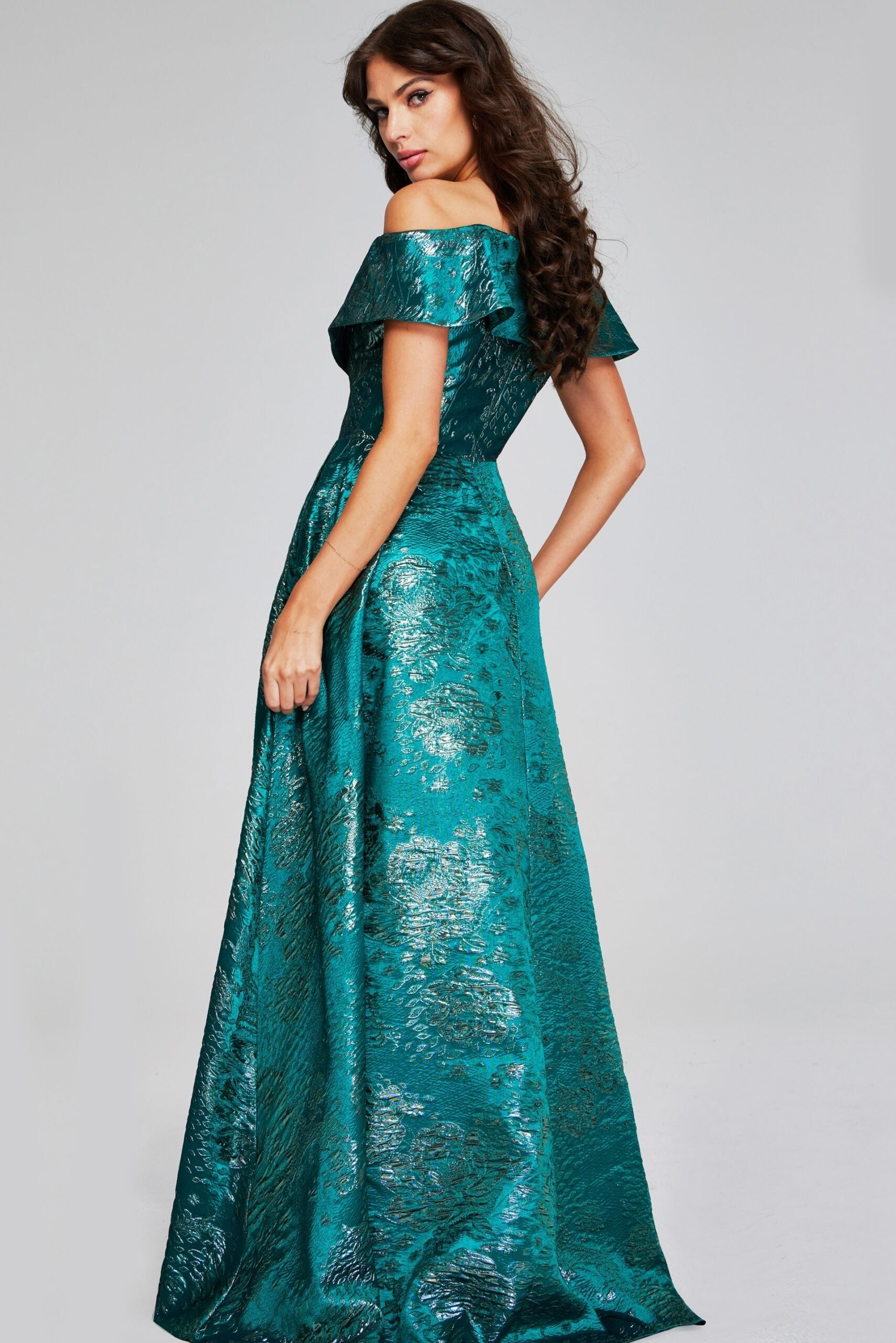 Jovani -40296 Green Off-Shoulder Evening Gown with Textured Fabric