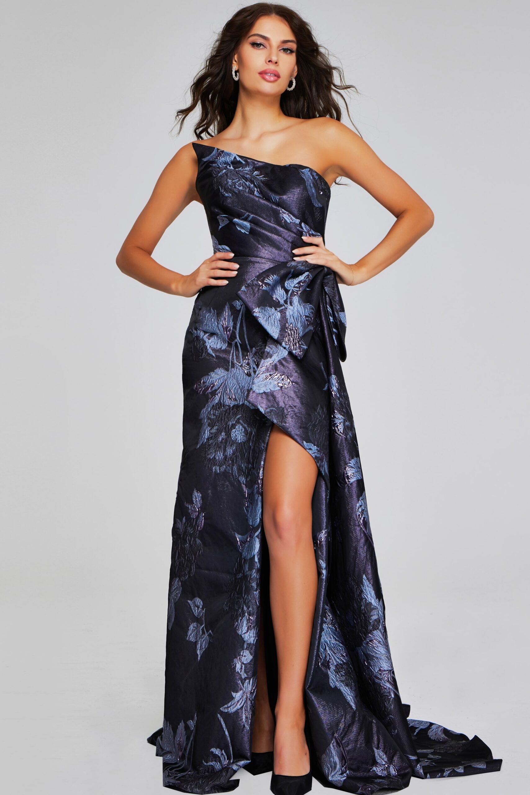 Jovani -40308 Floral Jacquard One Shoulder High Slit Gown