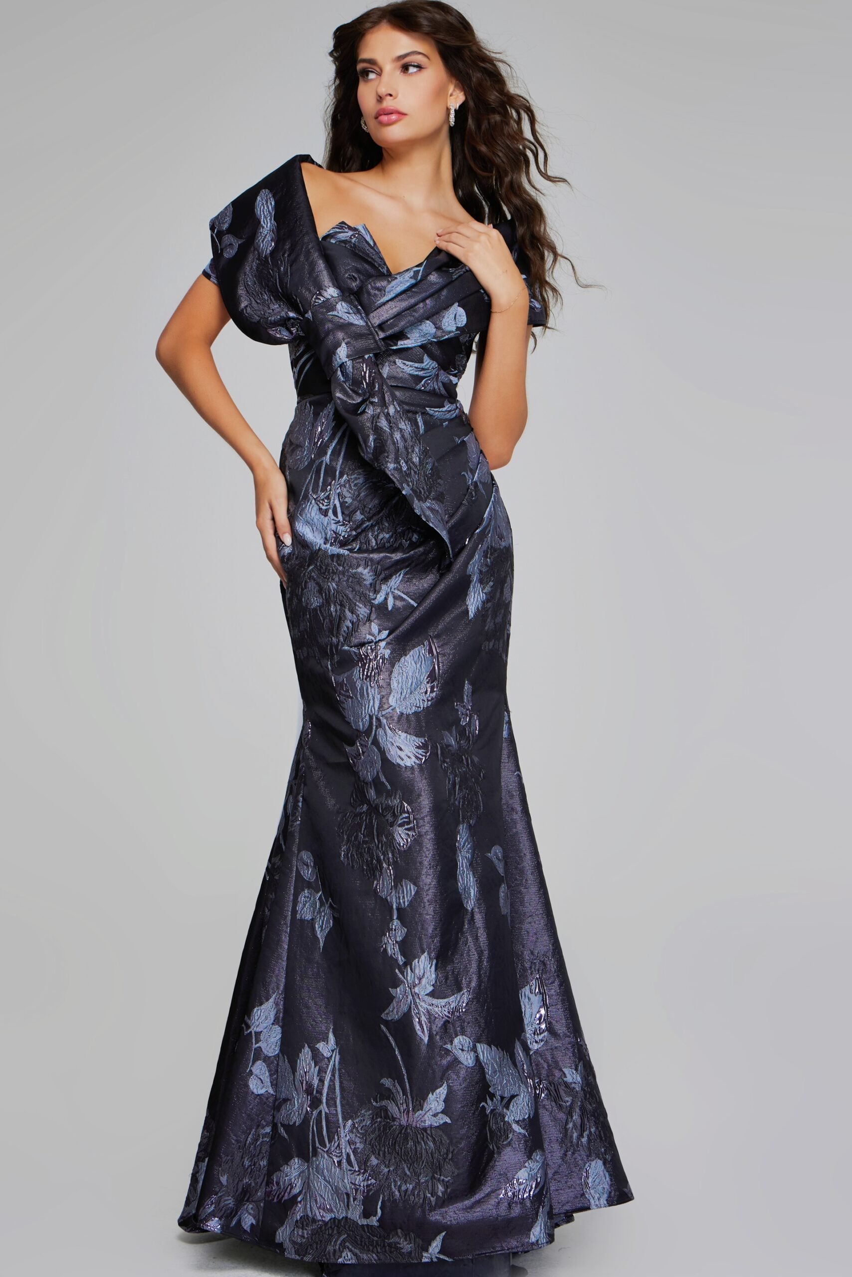 Jovani -40309 Elegant Grey Multi-Floral Evening Gown with Asymmetrical Detailing