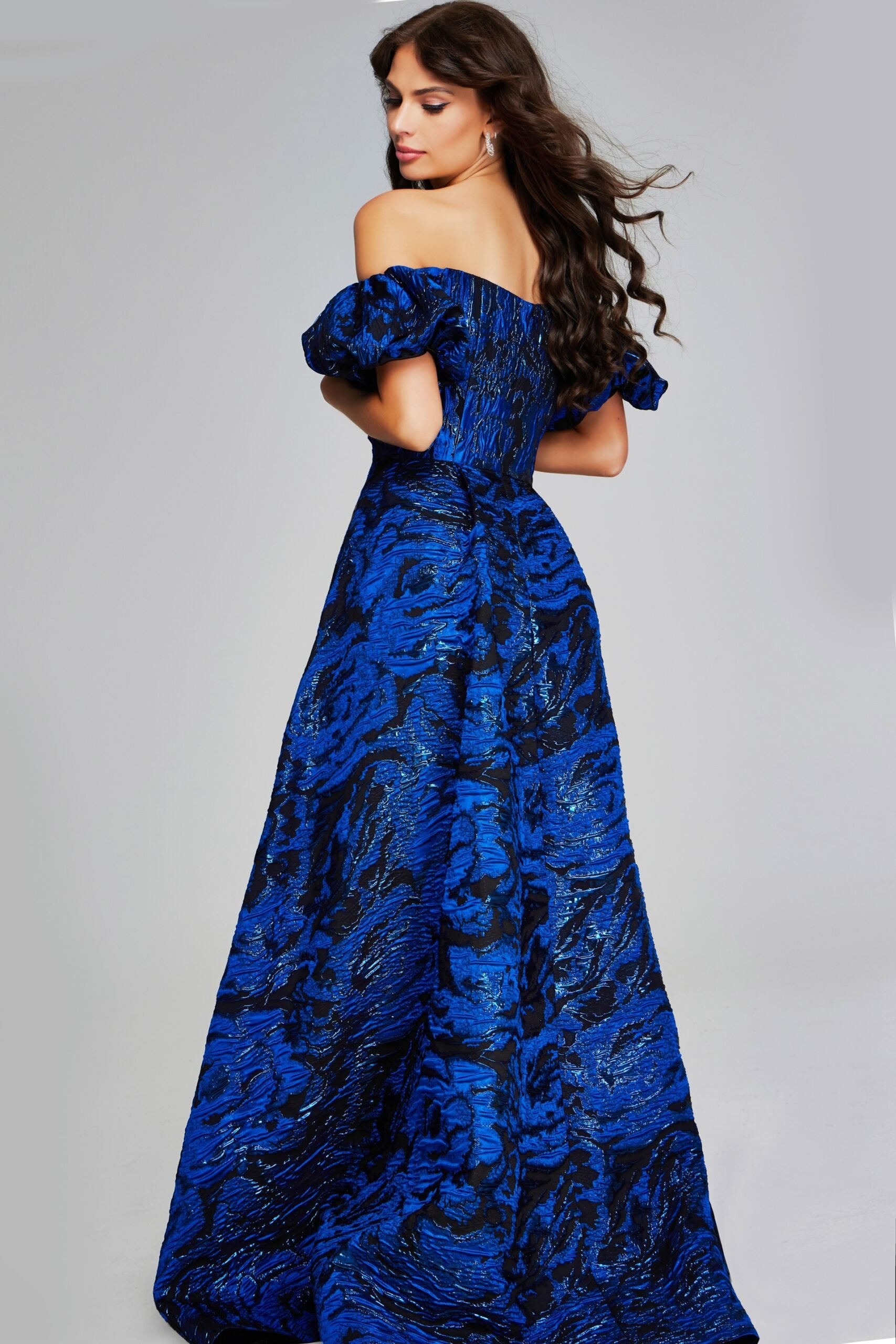 Jovani -40315 Striking Royal Blue and Black Off-Shoulder Evening Gown with Puff Sleeves