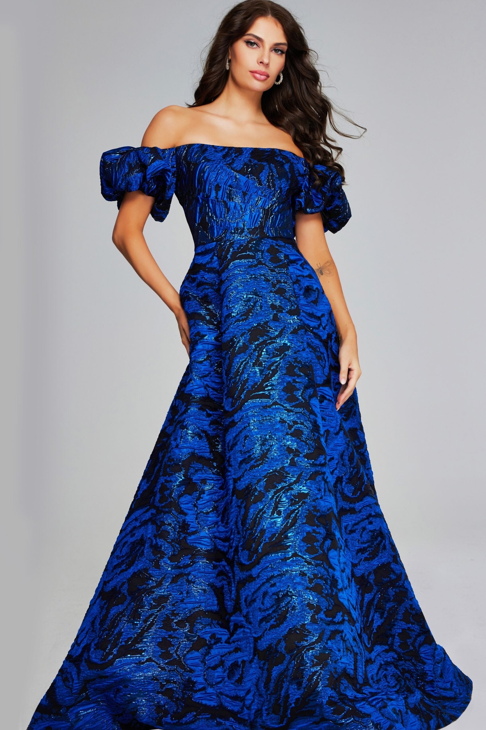 Jovani -40315 Striking Royal Blue and Black Off-Shoulder Evening Gown with Puff Sleeves