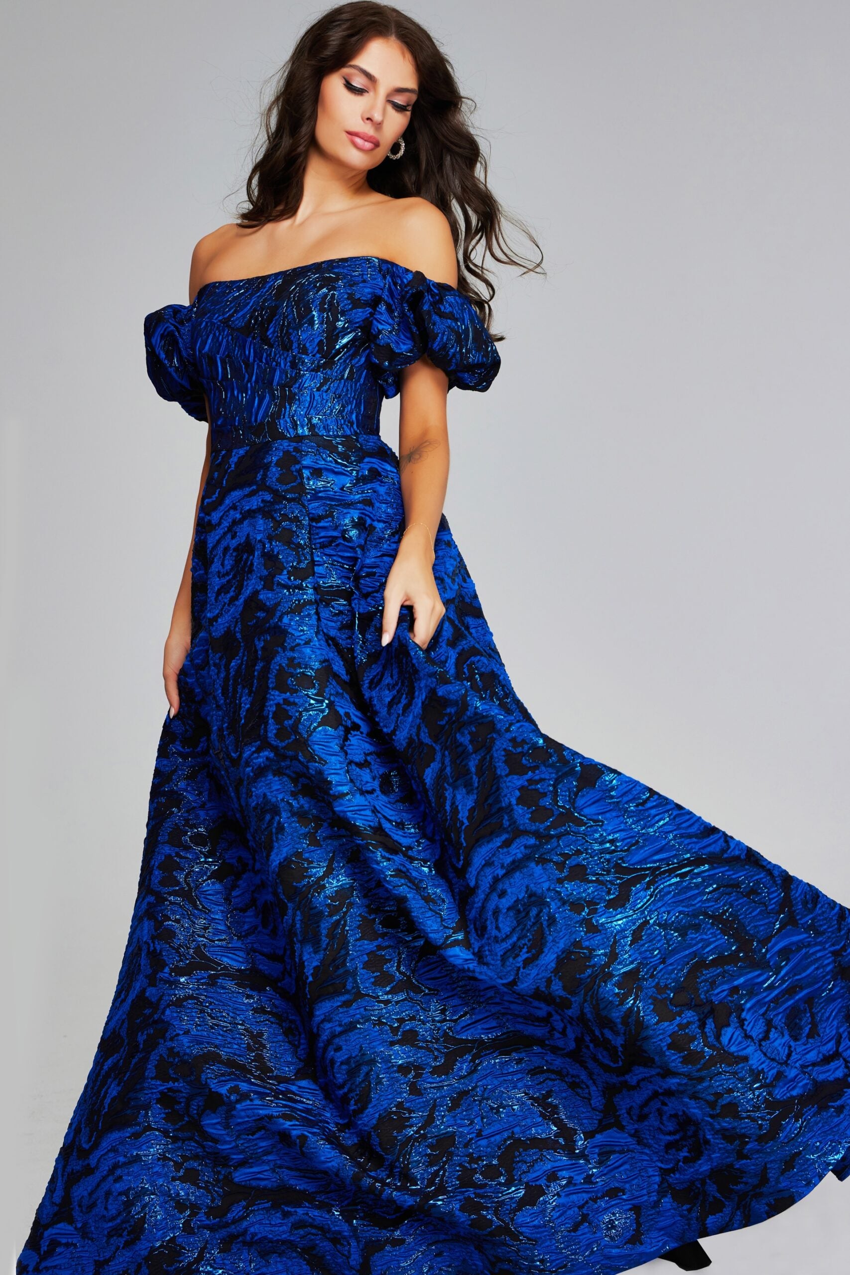 Jovani -40315 Striking Royal Blue and Black Off-Shoulder Evening Gown with Puff Sleeves