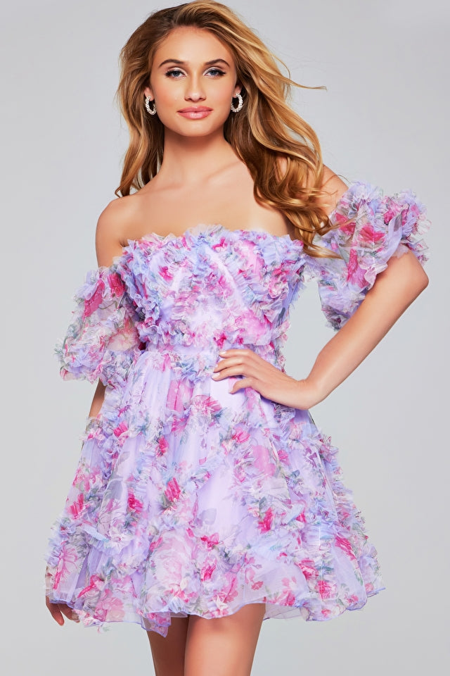 Jovani -40330 Floral Ruffled Tulle Short Dress