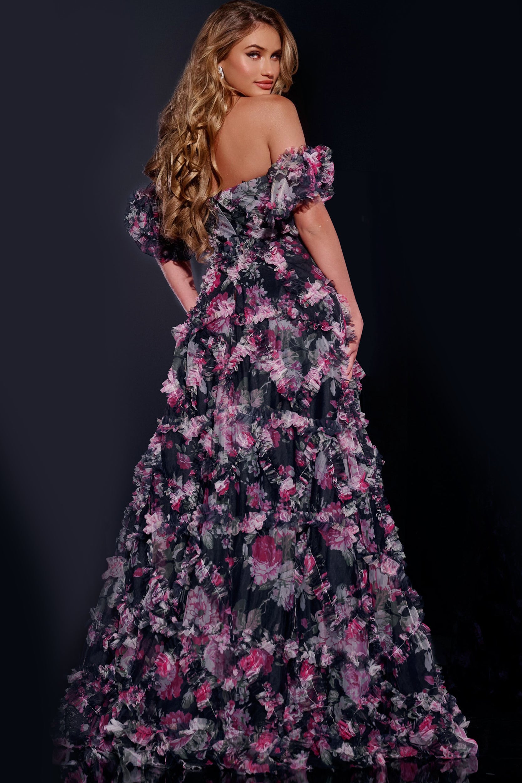 Jovani -40331 Off-the-Shoulder Floral Ball Gown with Layered Ruffle Details Prom Dresses