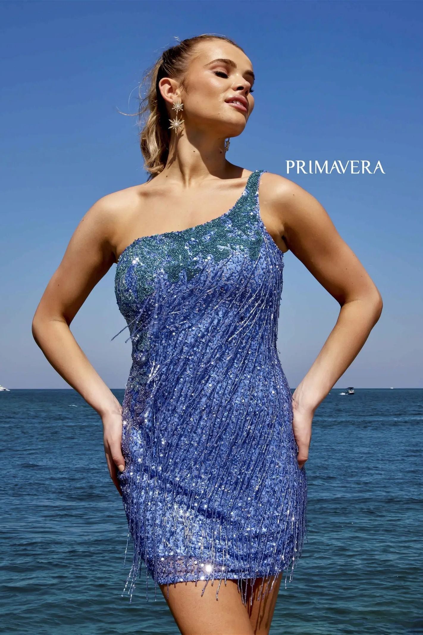 Primavera Couture -4035 One Shoulder Fringed Sheath Short Dress