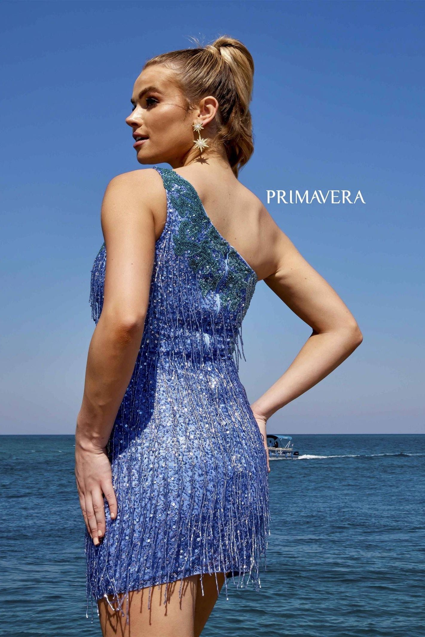 Primavera Couture -4035 One Shoulder Fringed Sheath Short Dress