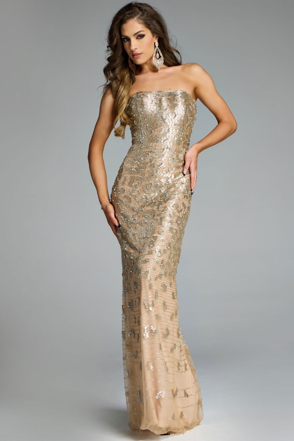 nude sequin dress Jovani -40887 Embellished Strapless Sequin Column Gown 00 / NUDE/SILVER