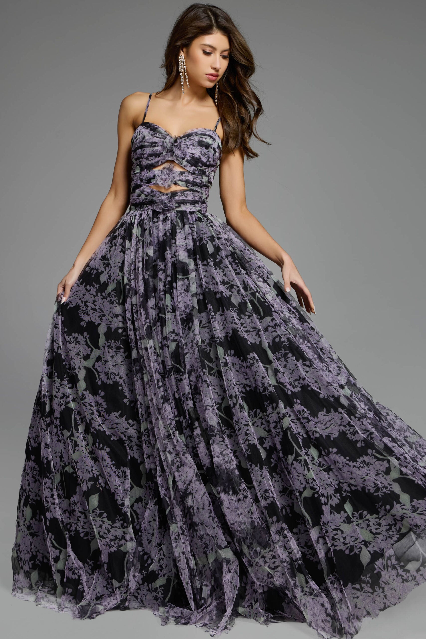 Jovani -40402 Floral Print Prom Gown with Spaghetti Straps