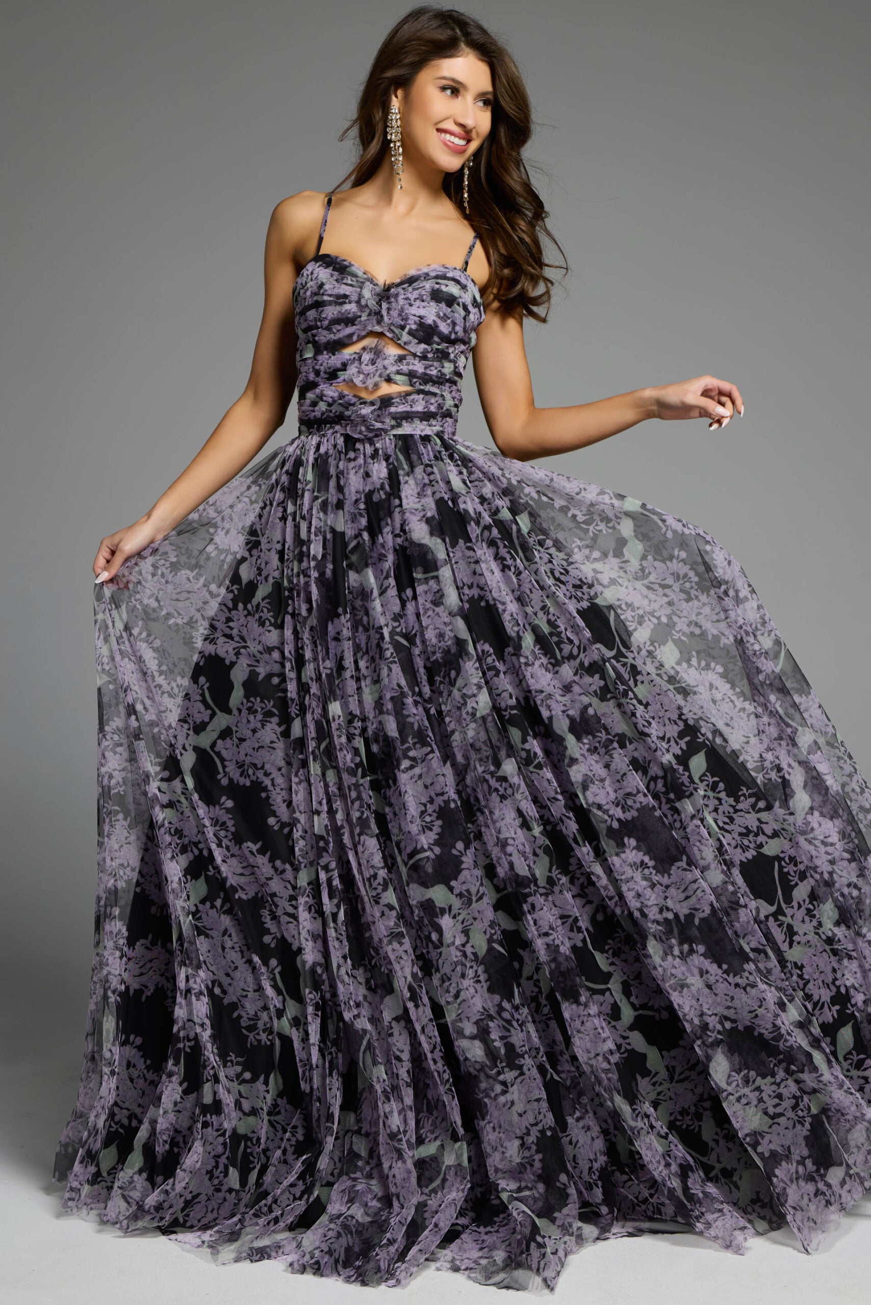 Jovani -40402 Floral Print Prom Gown with Spaghetti Straps