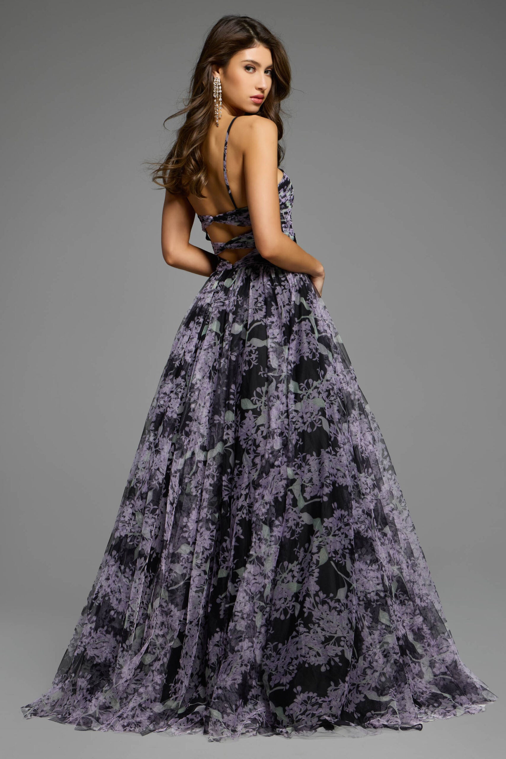 Jovani -40402 Floral Print Prom Gown with Spaghetti Straps