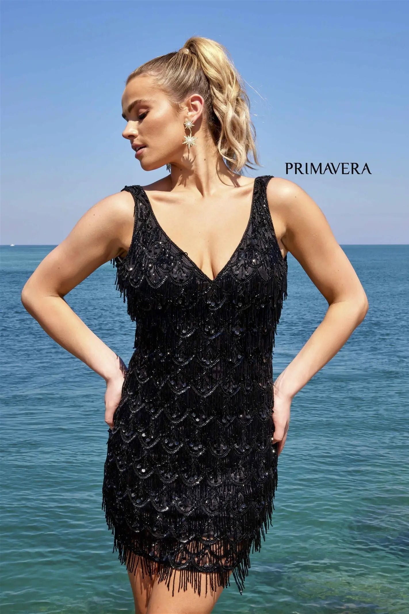 Primavera Couture -4042 V-Neck Fringed Cocktail Dress