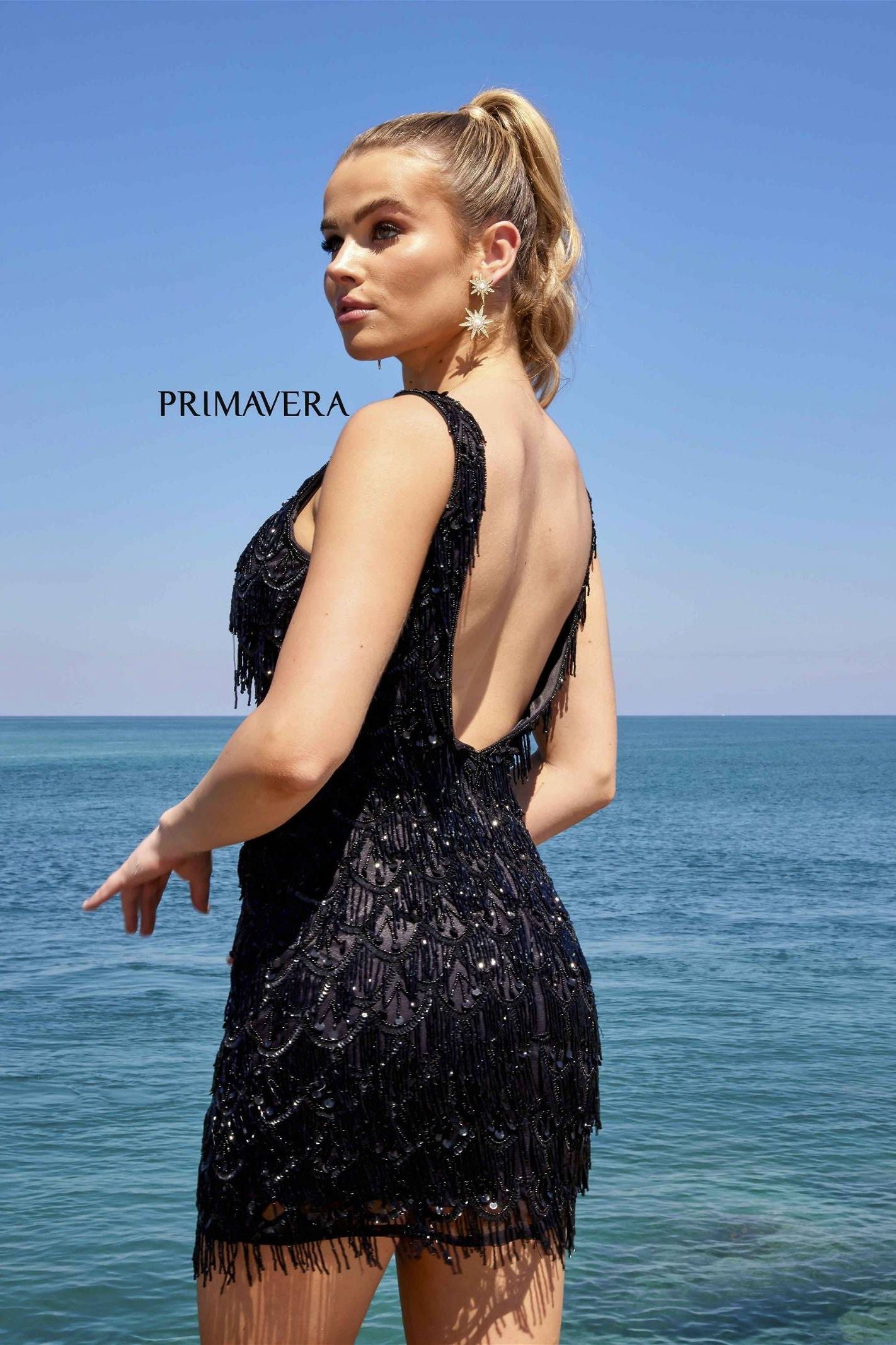 Primavera Couture -4042 V-Neck Fringed Cocktail Dress