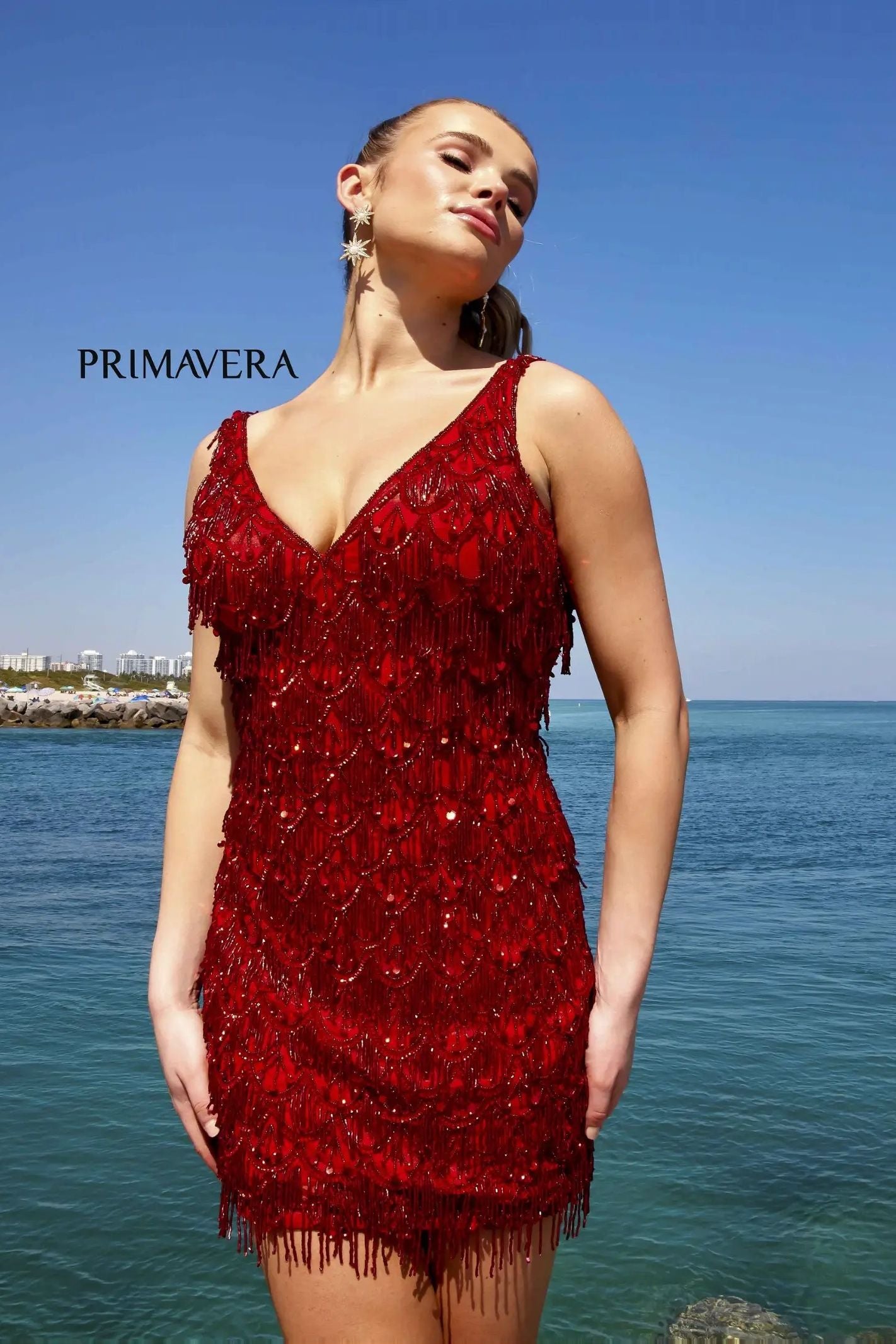 Primavera Couture -4042 V-Neck Fringed Cocktail Dress