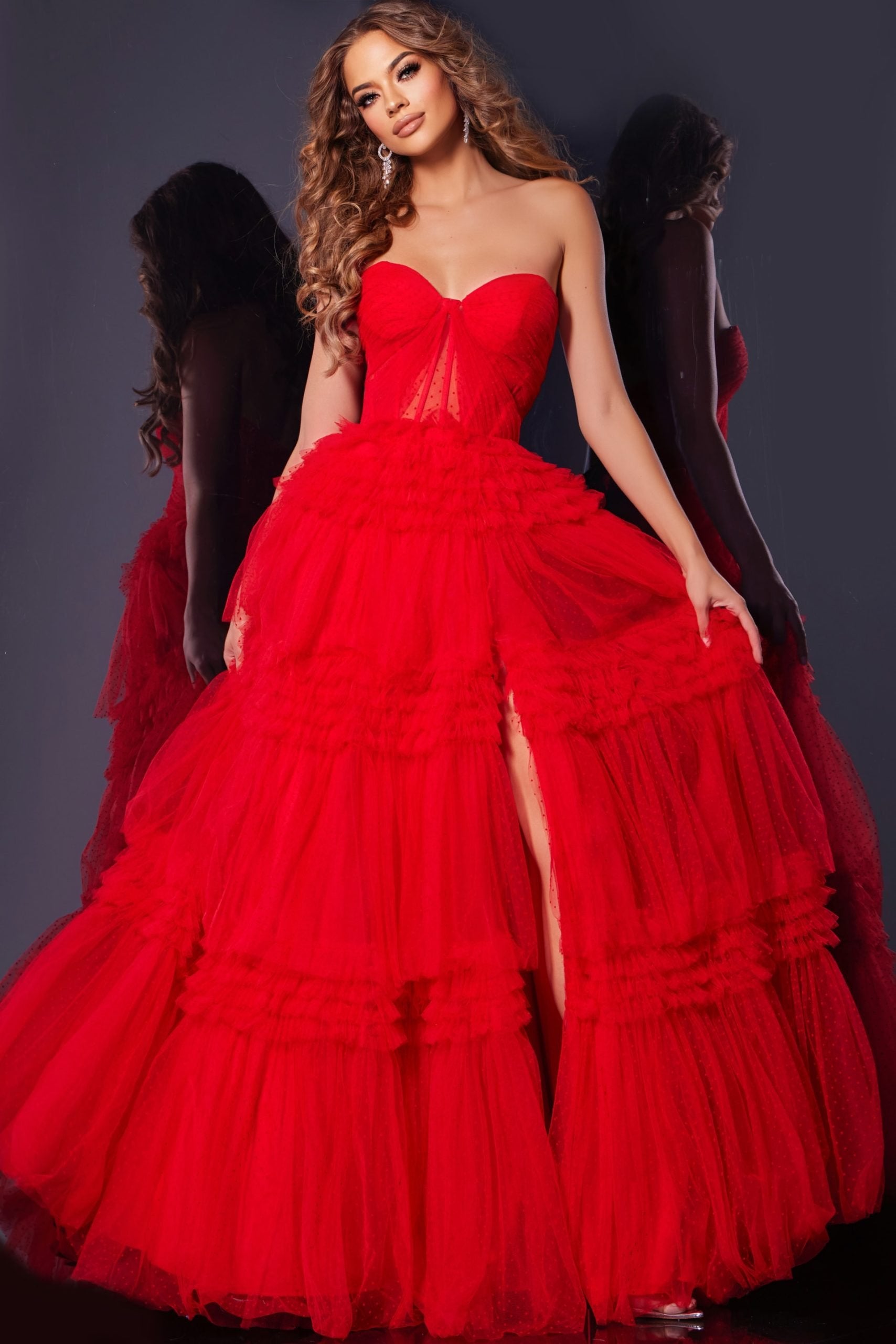 Jovani -40466 Strapless Layered Tulle Ball Prom Gown with High Slit