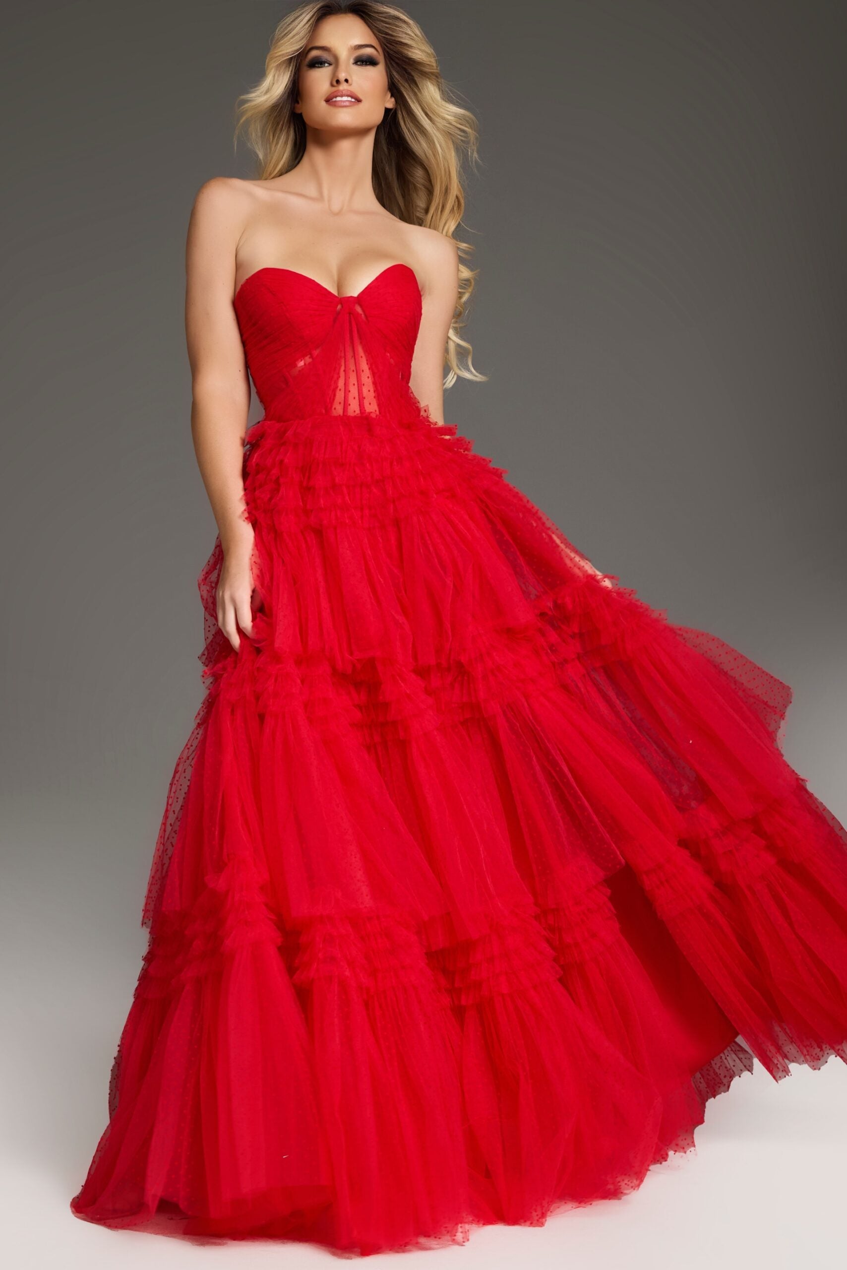 Jovani -40466 Strapless Layered Tulle Ball Prom Gown with High Slit