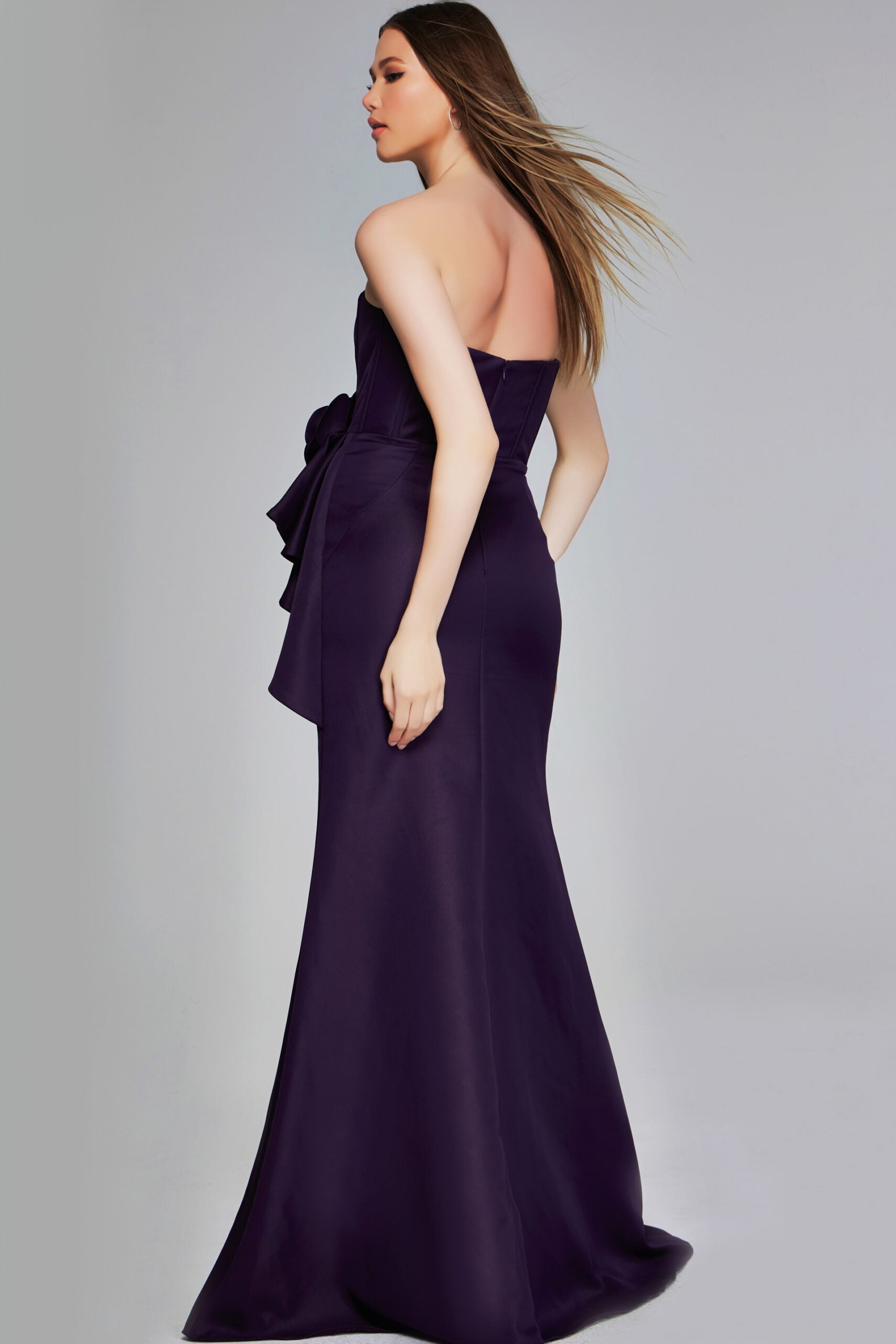 Jovani -40592 Sophisticated Eggplant Strapless Evening Gown with High Slit and Floral Accents