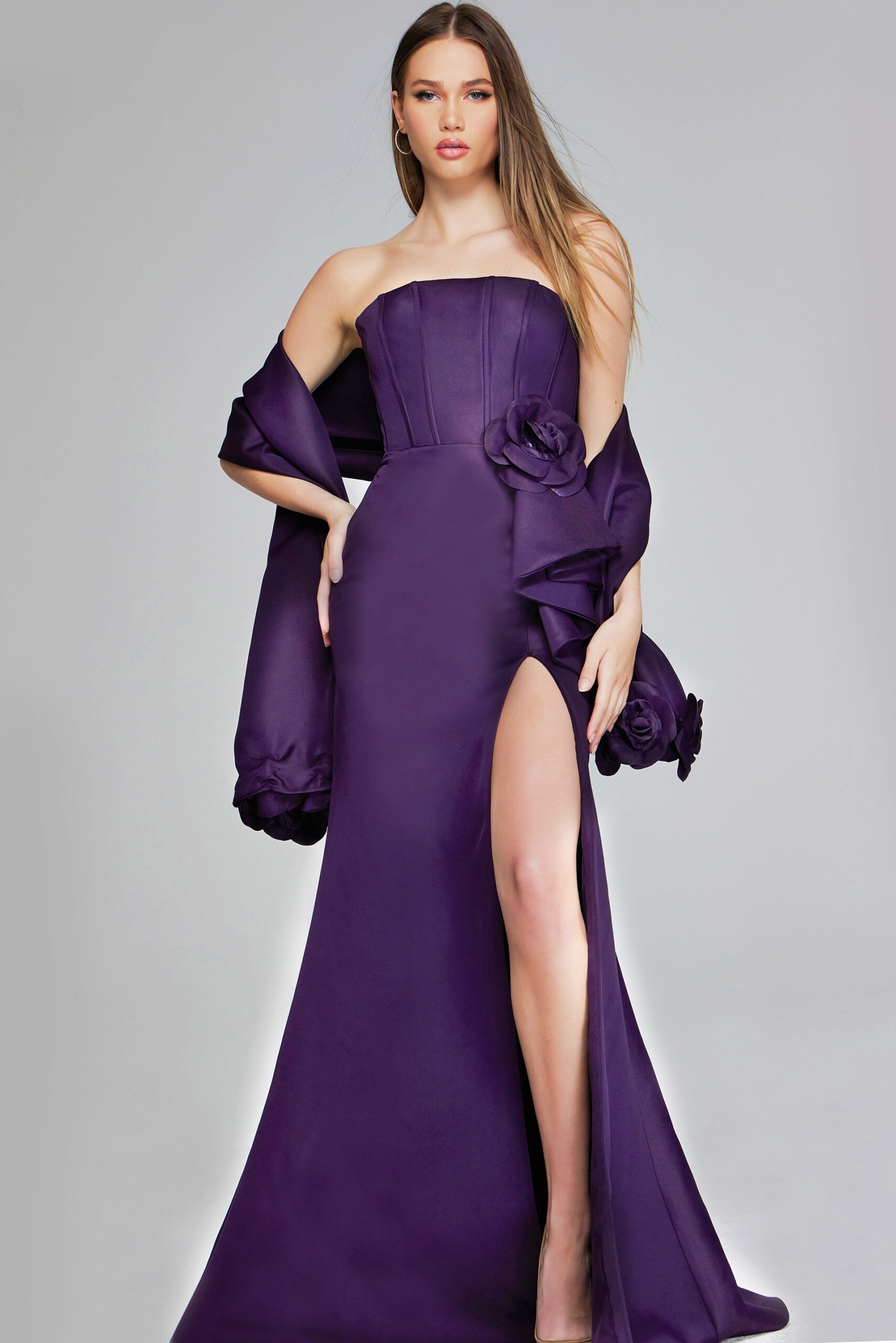 Jovani -40592 Sophisticated Eggplant Strapless Evening Gown with High Slit and Floral Accents